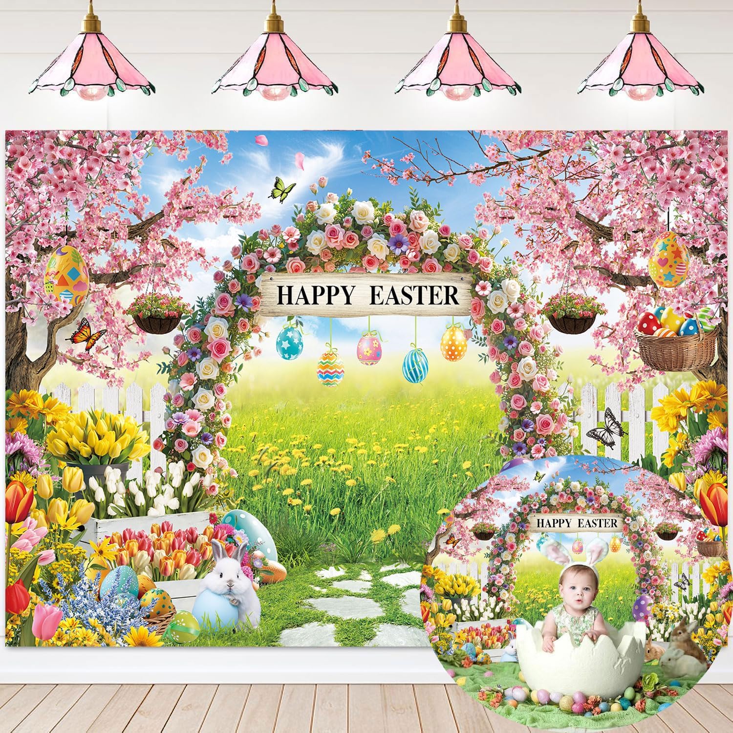 Happy Easter Banner Backdrop 7x5FT Colorful Eggs Bunny Flowers Spring Photography Background Easter Party Decorations Supplies Photo Props
