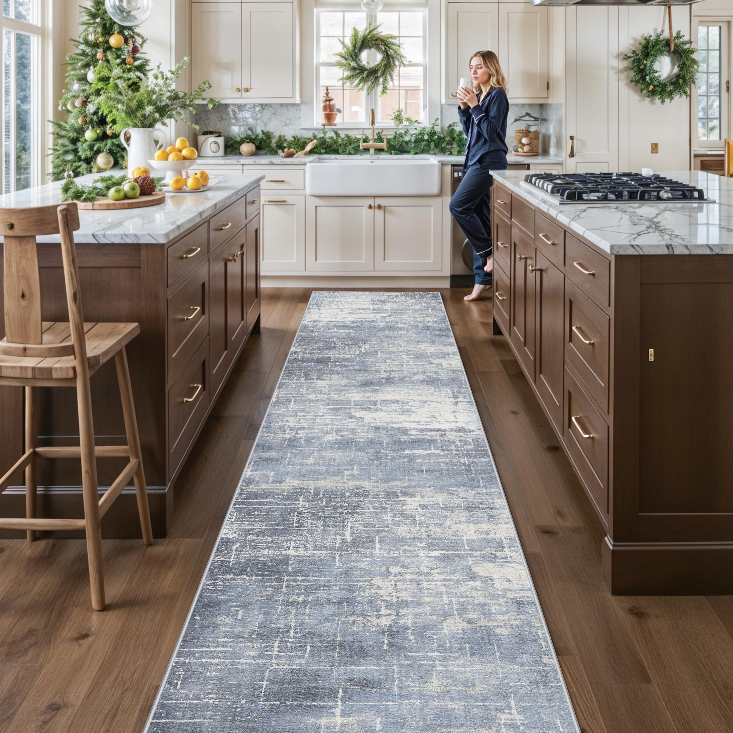 Photo 1 of Washable Abstract 14ft Runner Rug: Non-Slip Low-Pile Rug Runner Soft Beside Carpet Indoor Farmhouse Entryway Floor Mat Bathroom Living Room Stain Resistant Area Rugs Cozy Home Decor(2'6x14,Blue/ivory)