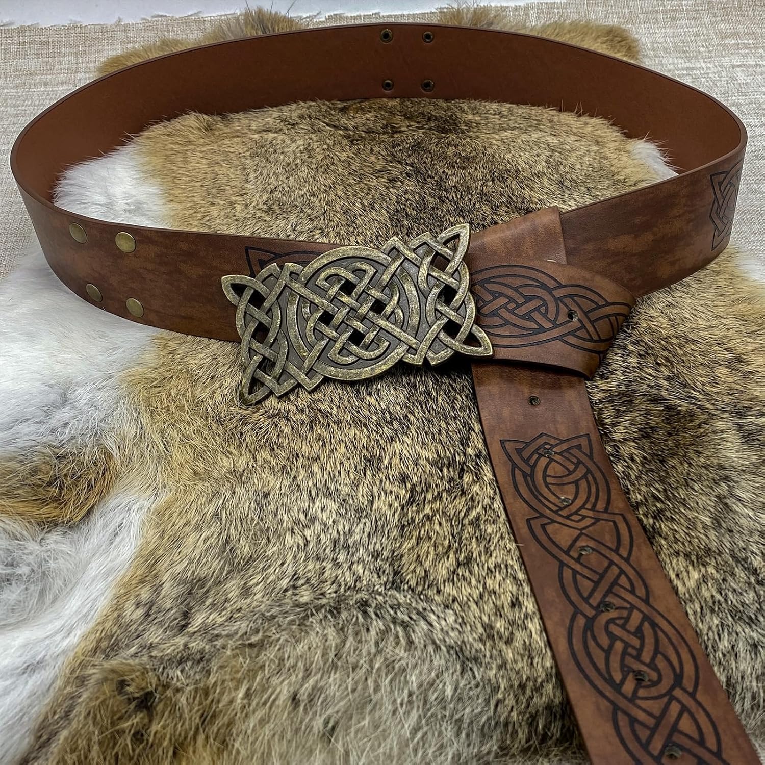 3PCs Medieval Embossed Belt Pouch Set, Viking Buckle Belt Portable Side Bag, Faux Leather Cosplay Accessories (Brown A) - Image 3