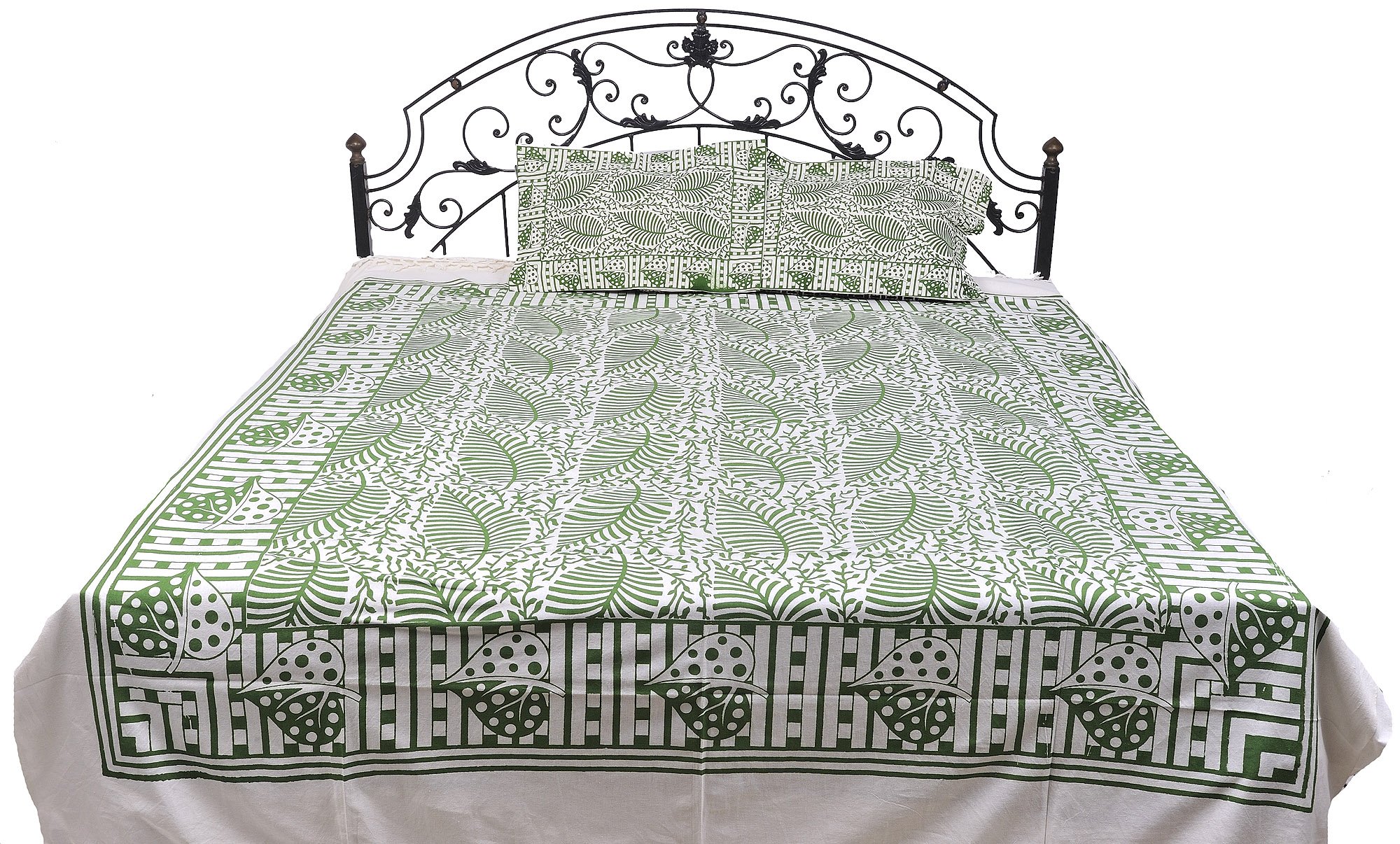 Exotic India Bedspread from Pilkhuwa with Block Printed Leaves - Pure Cotton with Pillow Covers