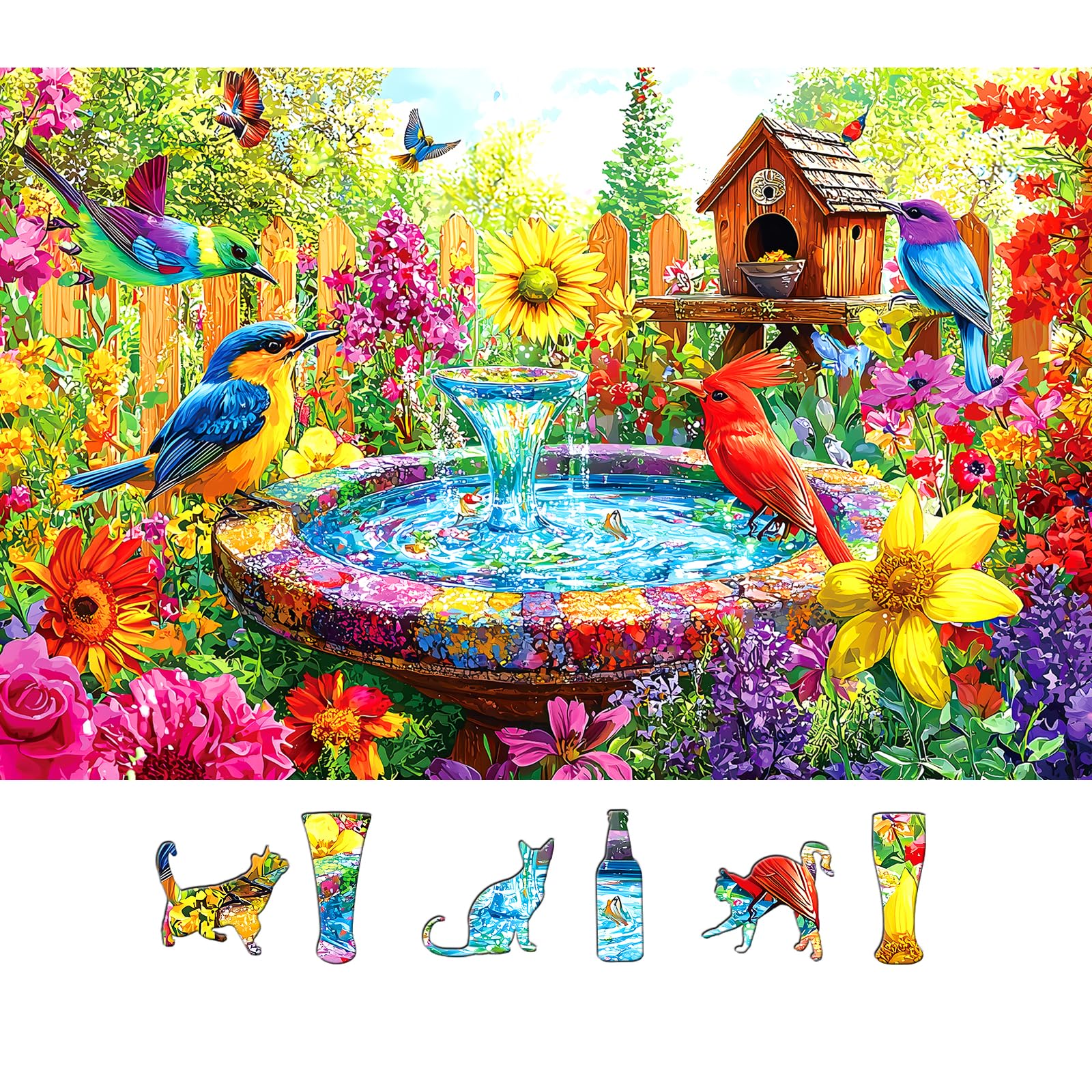 Garden Birds 500 Piece Puzzles for Adults: Vibrant Spring Flower Birdbath Jigsaw Puzzles 500 Pieces, 23x15 Inch 500 Piece Puzzle Adult, Puzzles for Seniors &amp; Adults Entertainment
