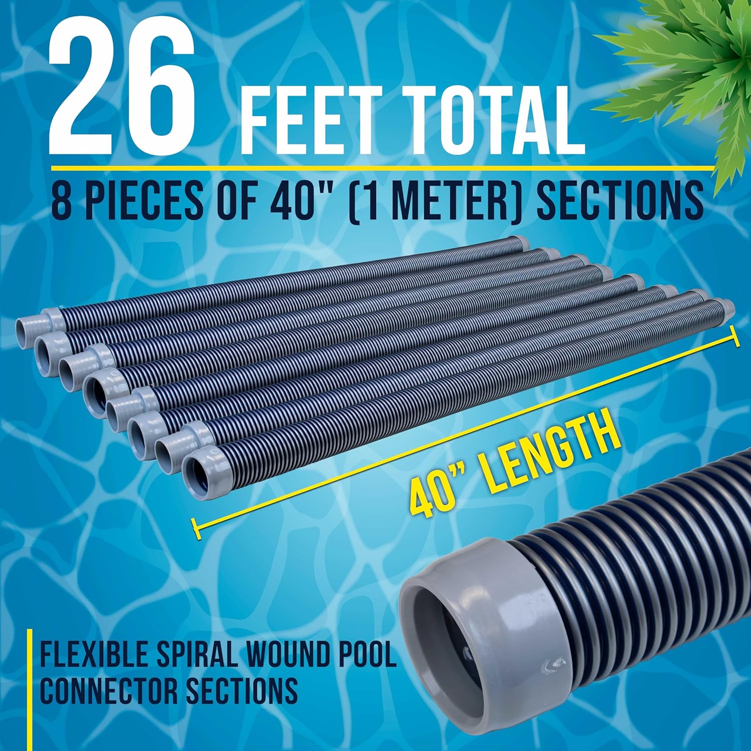 U.S. Pool Supply Pool Vacuum Hose, 8 Piece Pool Hose Set - 40" Blue Flexible Spiral Wound Connector Sections with 1.5" Male & Female Cuff Ends, Replacement Fits Most Inground Automatic Cleaner Brands