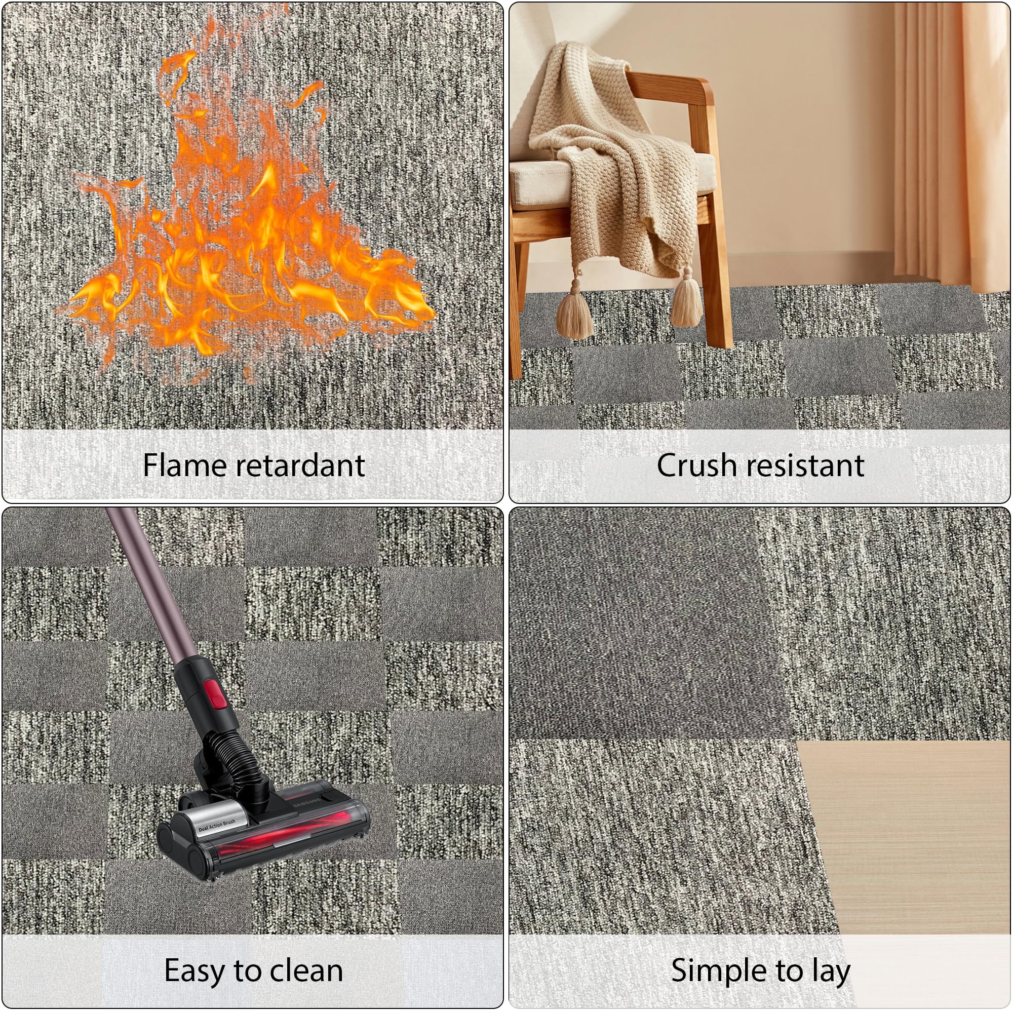 Lot de 20 carreaux de moquette lourds de 5 m² pour chambre à coucher, salon, bureau - Revêtement de sol résistant et antidérapant - Dos bitume (gris)