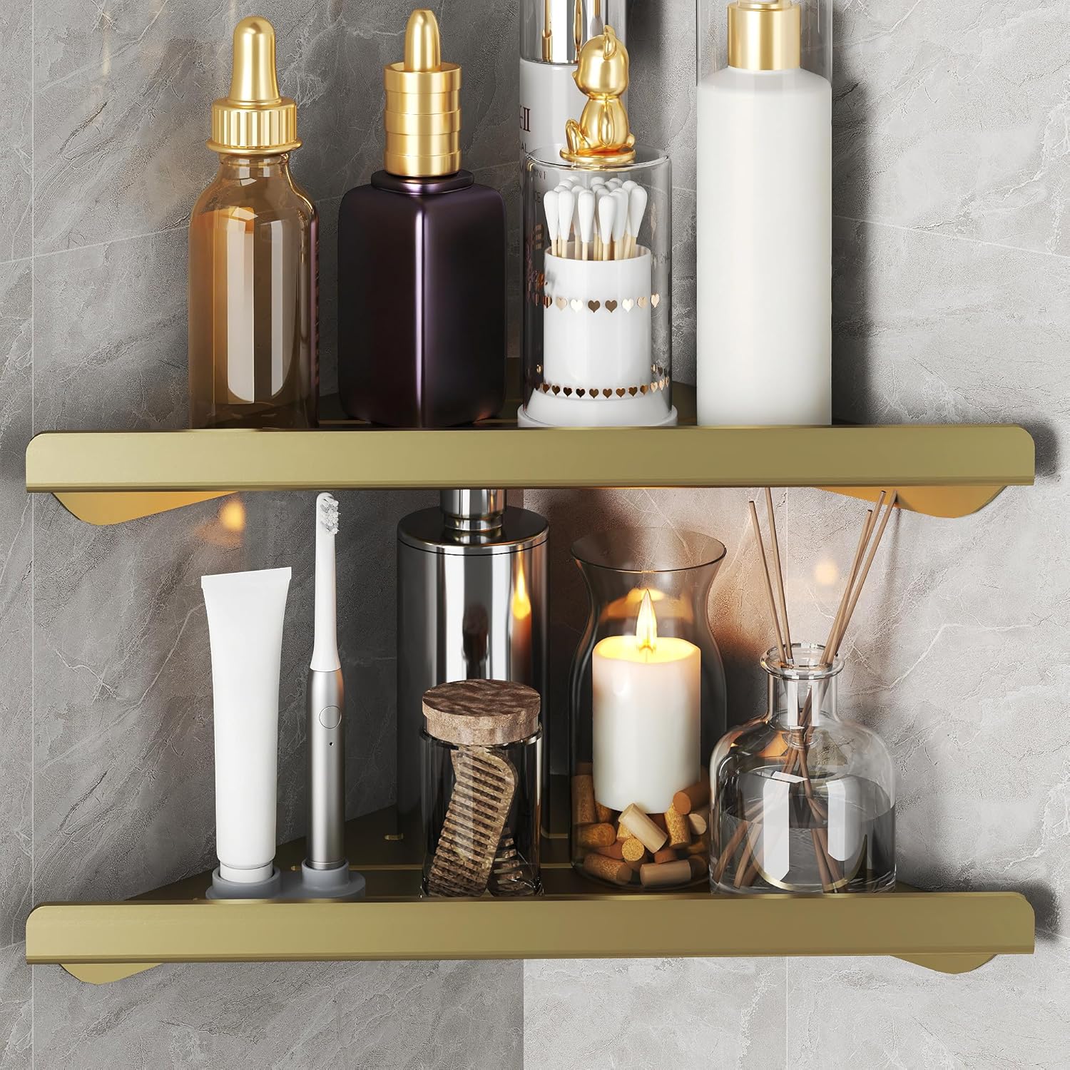 Corner Shower Shelves with 4 Hooks, 2-Tier Stainless Steel Bathroom Shower Organizers, Wall Mounted Caddy Shelves No Drilling with Adhesive, Triangle Storage Shelf for Toilet, Dorm and Kitchen, Gold