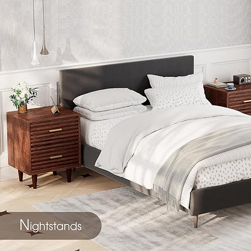 Miniatura 8 de Whalefall Juego de 2 mesitas de noche modernas de mediados de siglo, mesita de noche con 2 cajones, mesas auxiliares decorativas con patas de madera