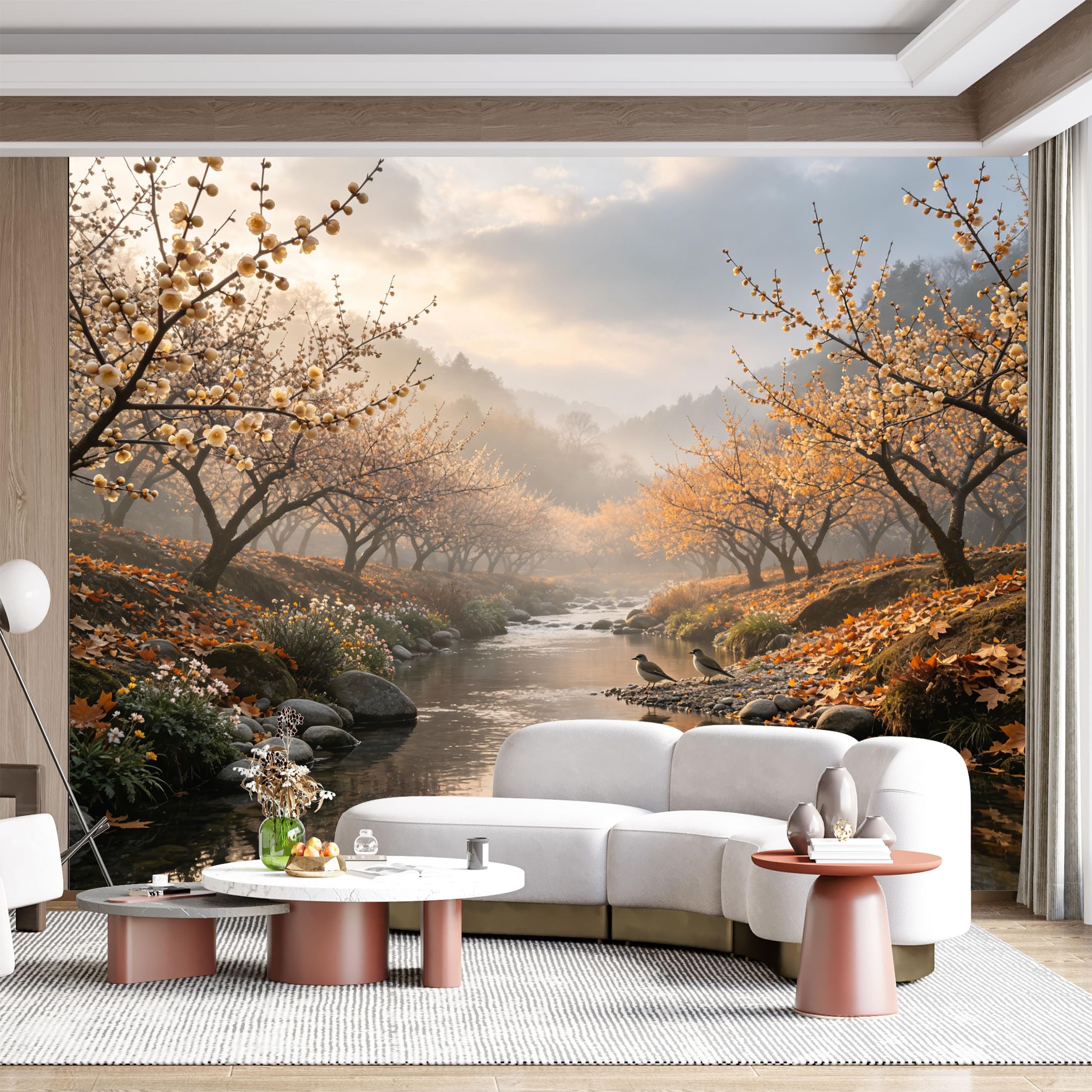 Custom Size Wall Mural Autumn Orchard Stream Floral Landscape Serene Watercolor SelfAdhesive Wall Fabric Removable for Home Office Decor
