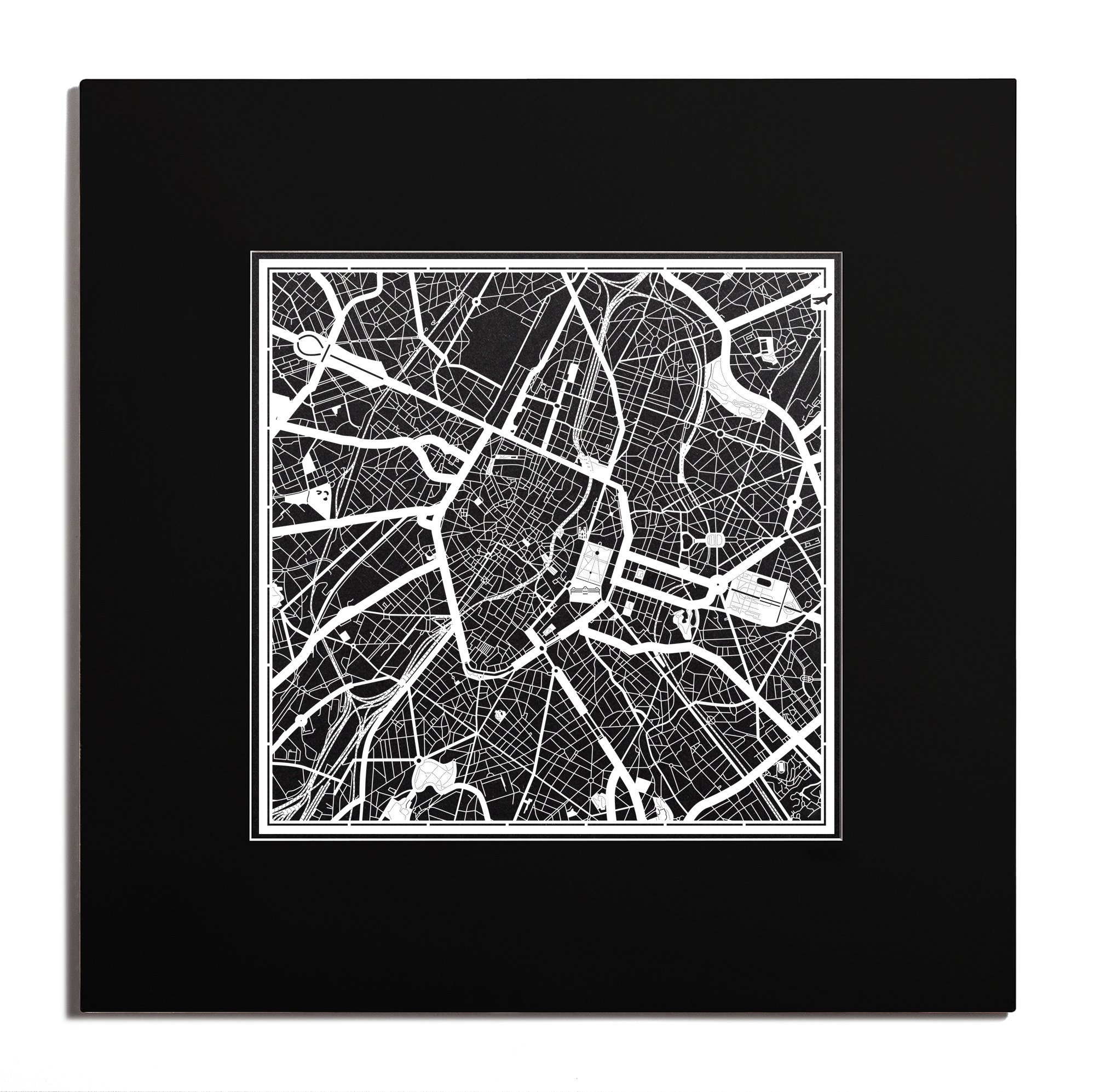 O3 Design Studio Brussels Paper Cut Map Matted Black 20x20 inches Paper Art