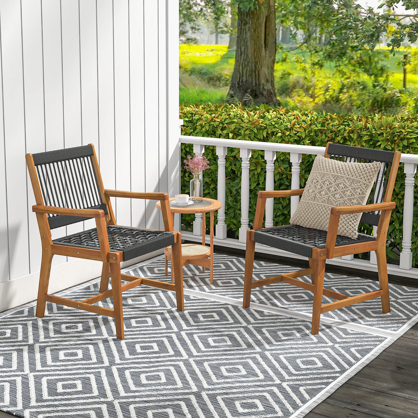 COSTWAY Set 2 Sedie da Giardino in Legno di Acacia Intrecciate | Poltrona da Pranzo per Patio Prato Giardino Portata 160 kg, 57 x 64 x 90 cm
