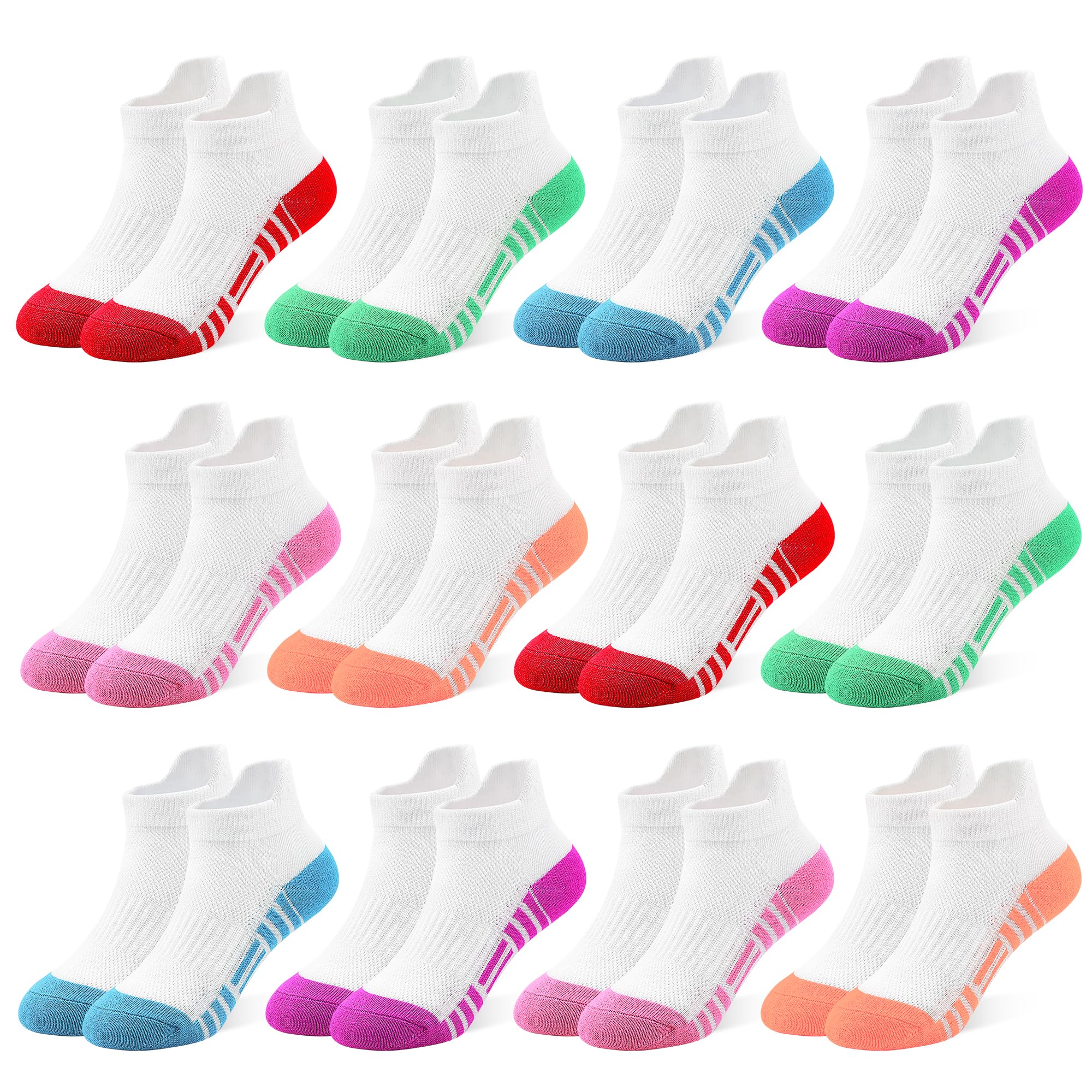 GENTABY Dziewczęce skarpety do sneakersów, dla dzieci, kolorowe skarpety sportowe, do szkoły, 12 par, klasyczne kolory, czarno-białe, oddychające, bawełniane skarpety dla dzieci w wieku 1-14 lat, 20