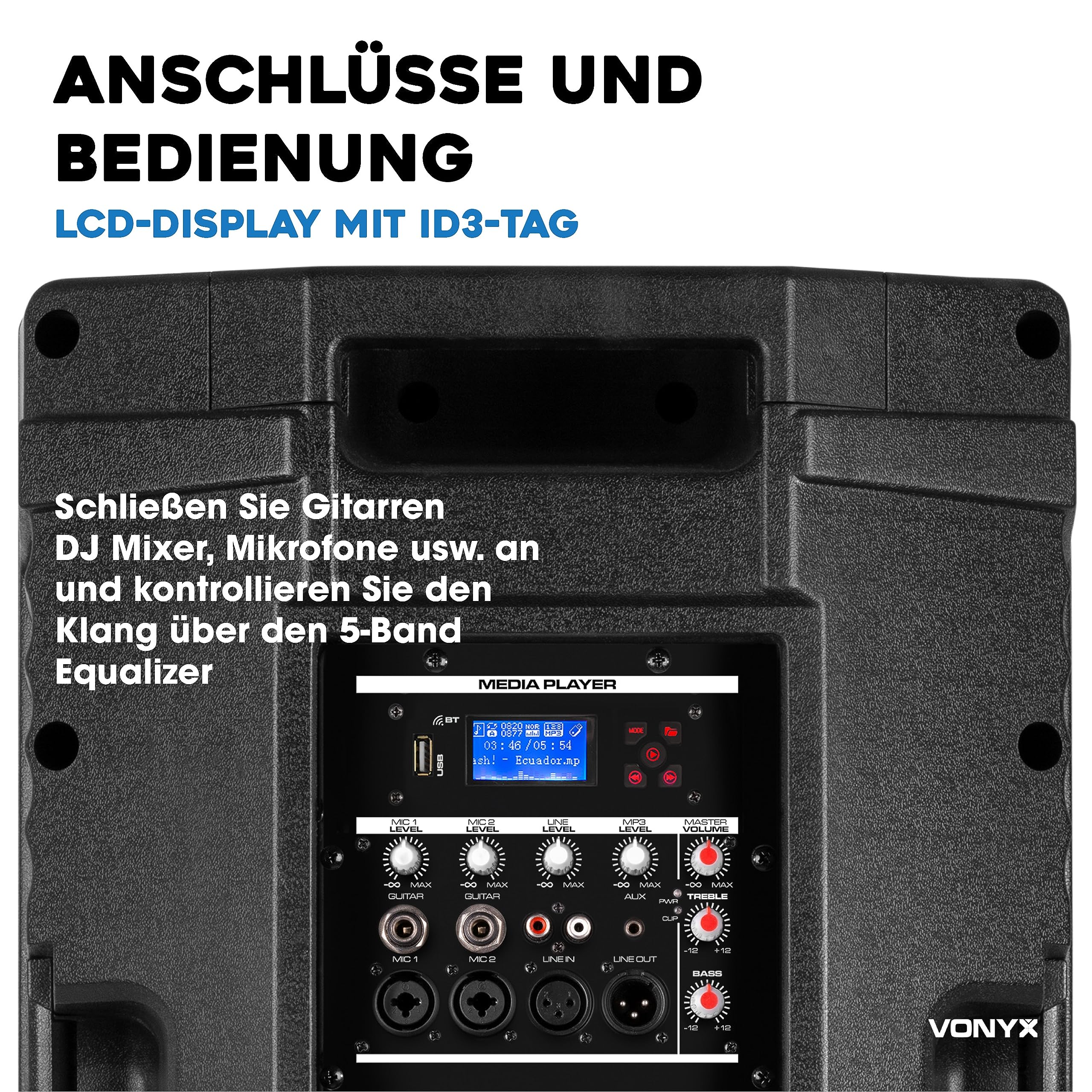 Vonyx VSA15BT - Aktivlautsprecher, Bluetooth, 1000 Watt PA Anlage, PA Lautsprecher Aktiv mit 15 Zoll Subwoofer, Bi-Amp, Mikrofon-Input, Equalizer, Gitarreneingang MP3-Player, PA Boxen für Gitarristen