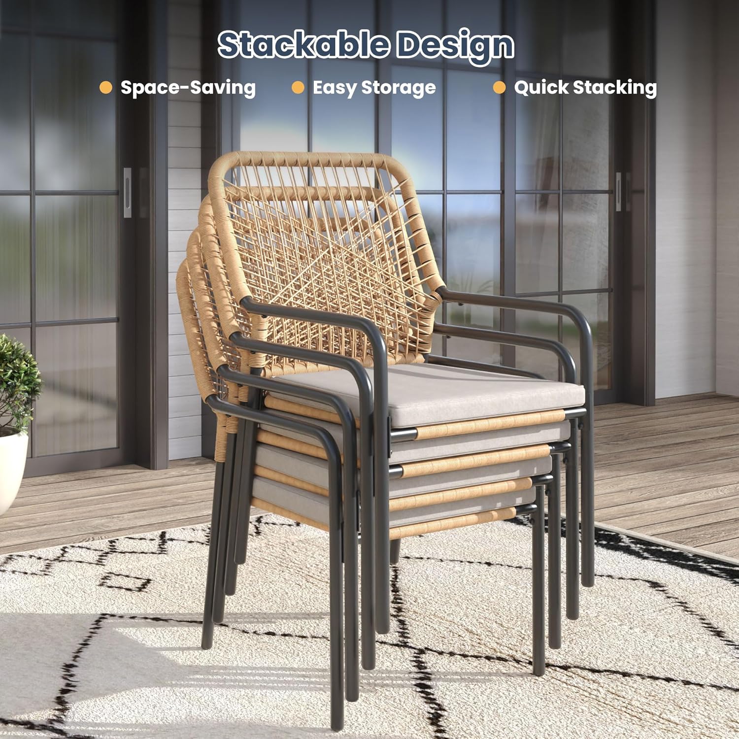 VICLLAX Outdoor Dining Chairs Set of 2, PE Rattan Patio Chairs with Ergonomic Backrest and Detachable Seat Cushion for Deck, Lawn, Garden, Wheat Wicker Outdoor Chairs