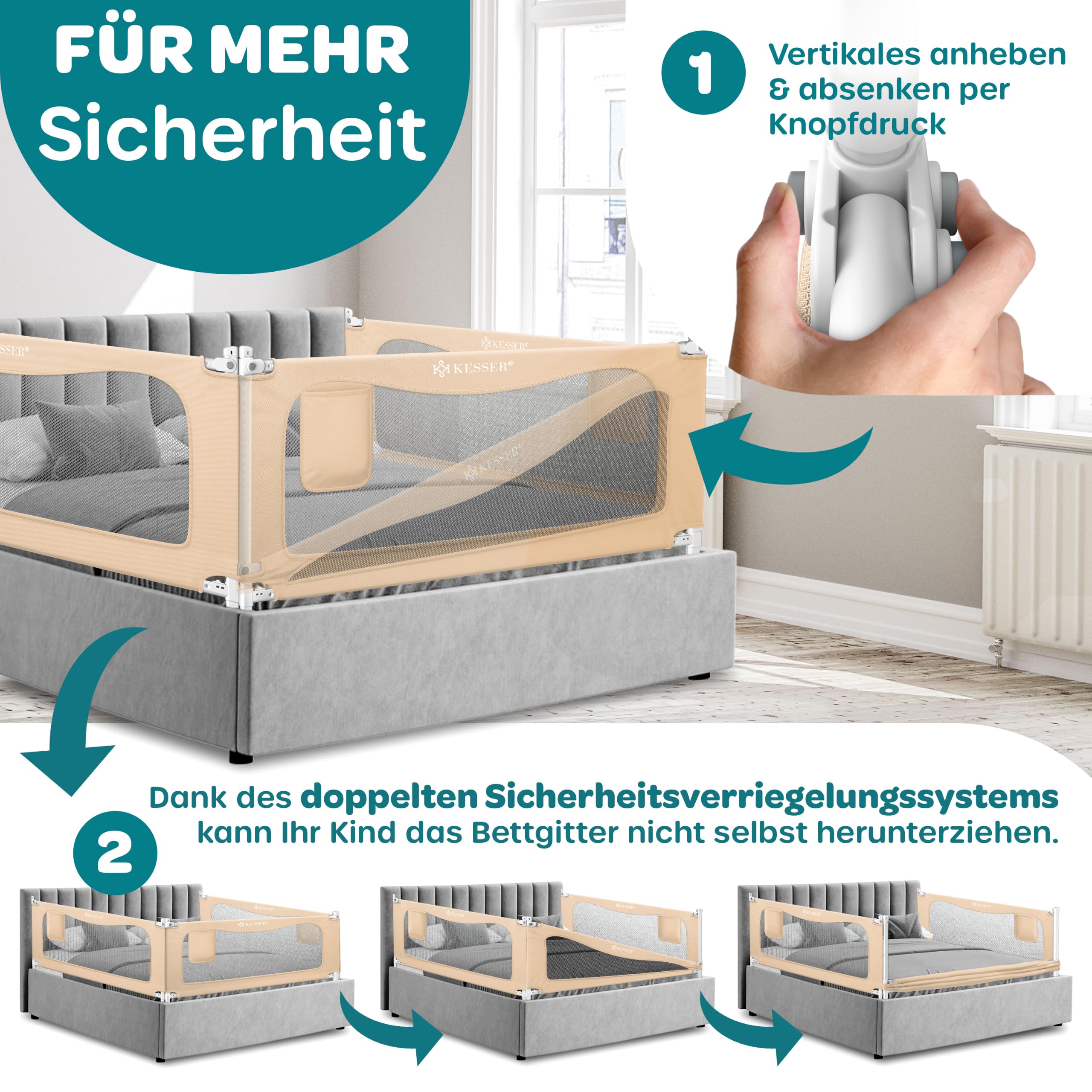 KESSER® Bettschutzgitter 180 cm, Bettgitter Kinderbett höhenverstellbar | Rausfallschutz Bett für Baby & Kleinkind mit Kindersicherung, vertikal absenkbar, leicht montierbar, waschbar, Beige