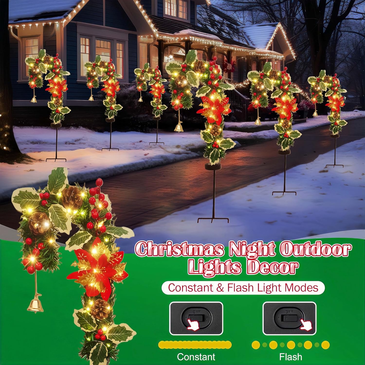 Solar Candy Cane Pathway Lights Outdoor, 2 Pack Solar Christmas Stakes with Poinsettia, Pinecones & Holly, Waterproof LED Yard Decorations, Solar Garden Lights for Walkway, Driveway & Holiday Decor