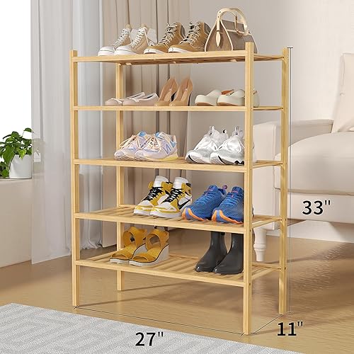 Miniatura 3 de Zapatera de bambú de 5 niveles para armario, estante de madera para zapatos, para entrada, espacio pequeño, apilable, 27 x 11 x 33 pulgadas (natural)