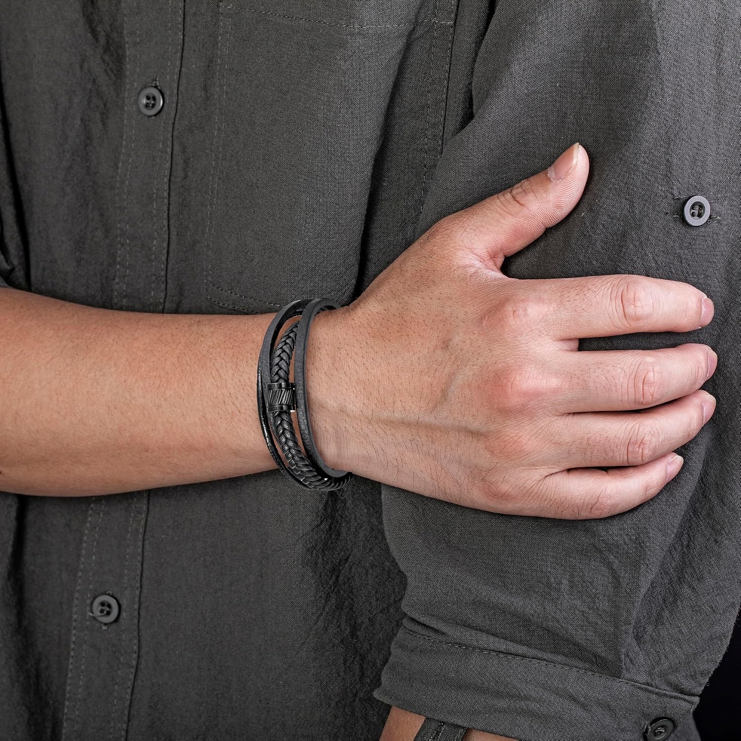 murtoo Mens Layered Bracelet Adjustable Clasp Cuff Multi Strand Wristband for Daily Wear