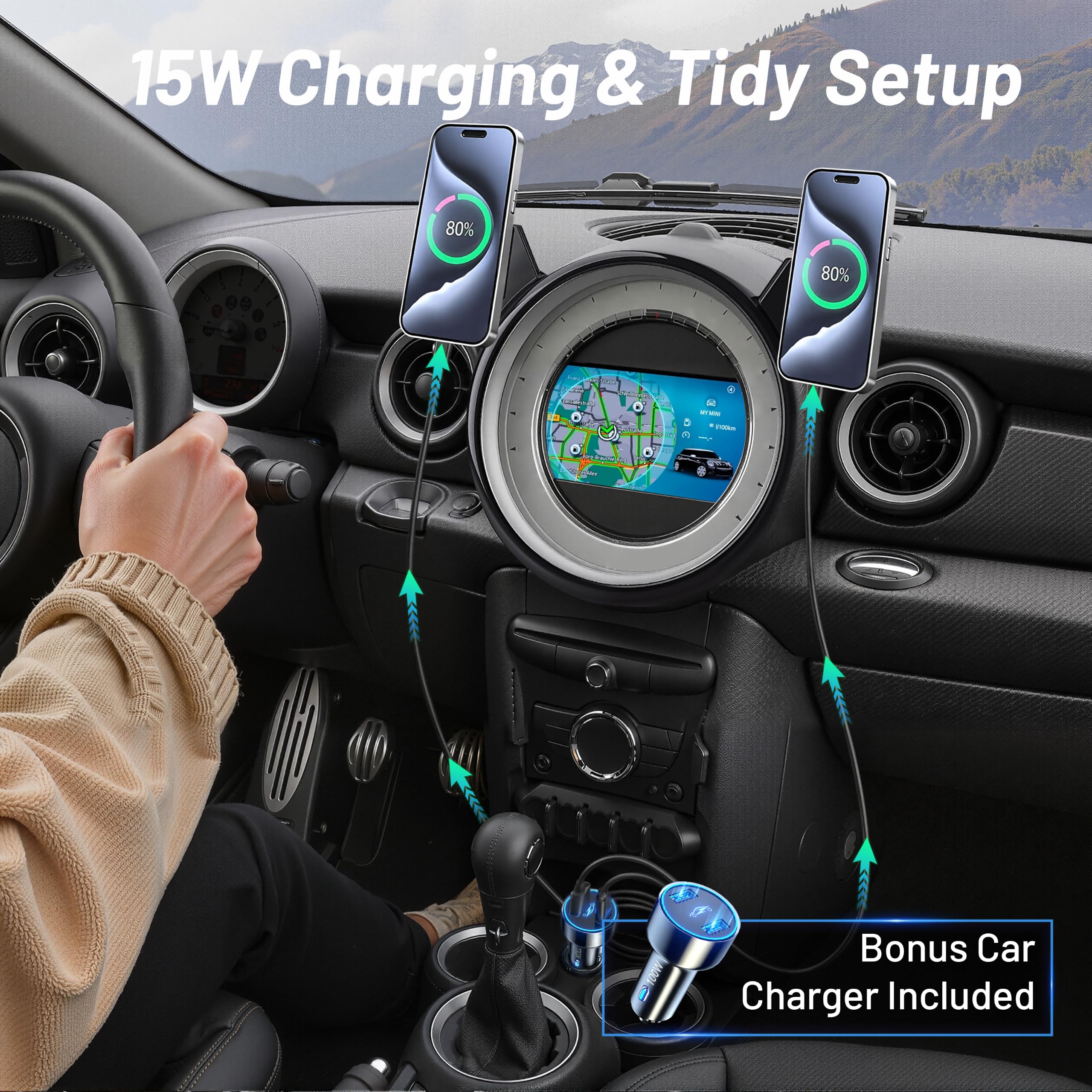 Supporto per telefono per BMW Mini Cooper (2007 – 2012 2013), supporto magnetico per iPhone, caricatore per auto Magsafe, 2 supporti per auto da 15 W, vivavoce a 360°, accessori auto 2011