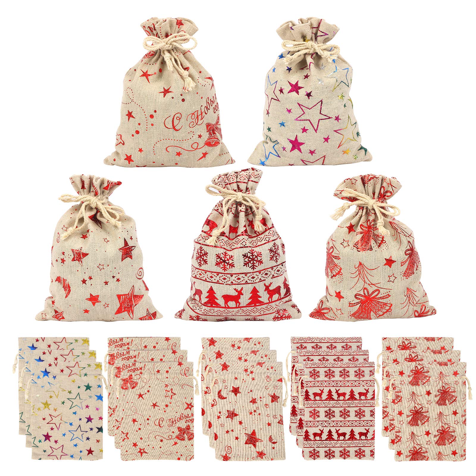 LANMOK 20pcs Christmas Jute Bags Burlap Gift Bags Xmas Sacks with Drawstring Present Pouches for Christmas Xmas Wedding Birthday Gift Wrapping (5.1" x 7.1")