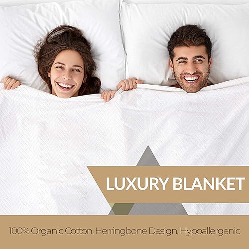 Miniatura 2 de Comfortica Classics Manta 100% algodón orgánico súper suave y transpirable con diseño de espiga - Individual, color blanco