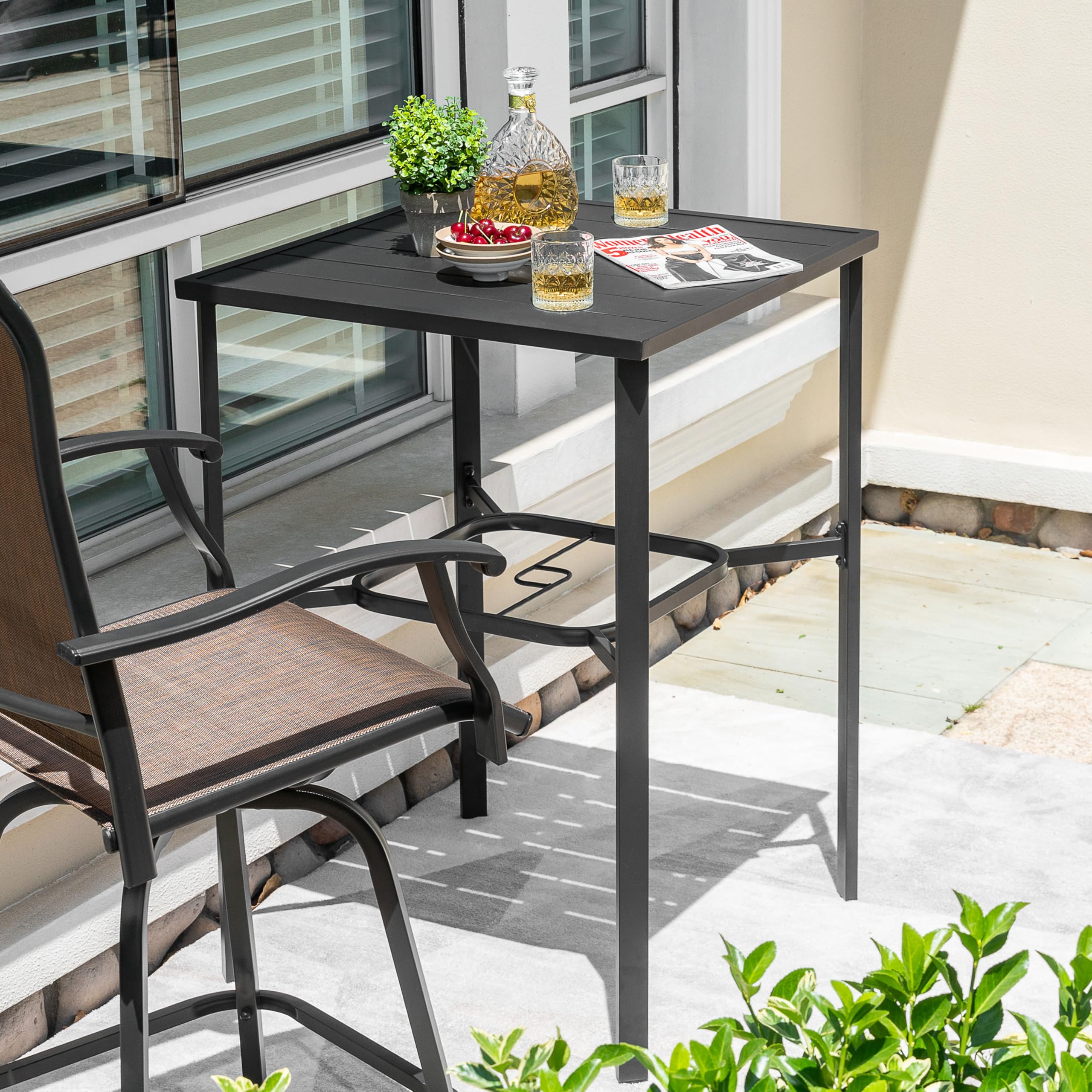 Avestar Outdoor 71 cm Quadratischer Bartisch mit Sonnenschirmloch, Stehtisch, Lattenrost-Tischplatte mit pulverbeschichtetem Metallgestell, für Terrasse, Garten, Hinterhof und Balkon, Schwarz