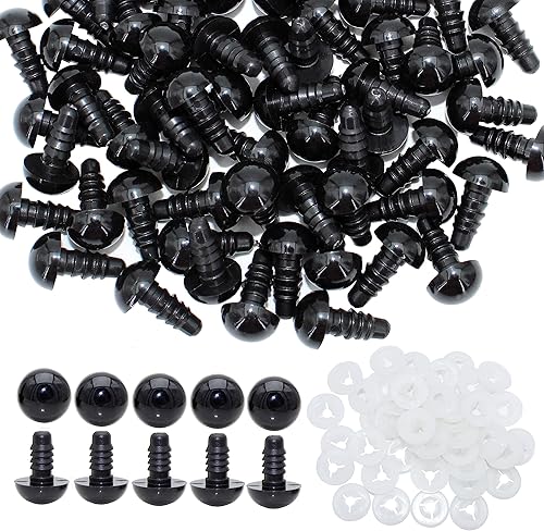 Bestartstore 1 caja (50 unidades) Ojos de seguridad de plástico negro de 0.472 pulgadas con arandelas para proyectos Amigurumi, agujas de tejer,