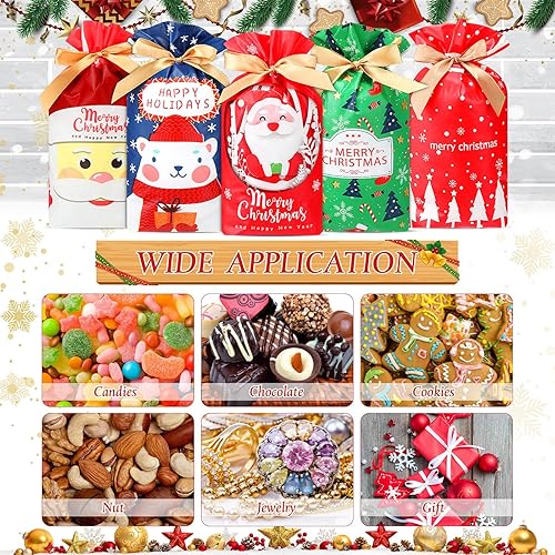 Miniatura 4 de Seajan 200 bolsas de dulces de Navidad, bolsas de regalo de plástico con cordón de Navidad, regalos de Navidad a granel, regalos de fiesta de