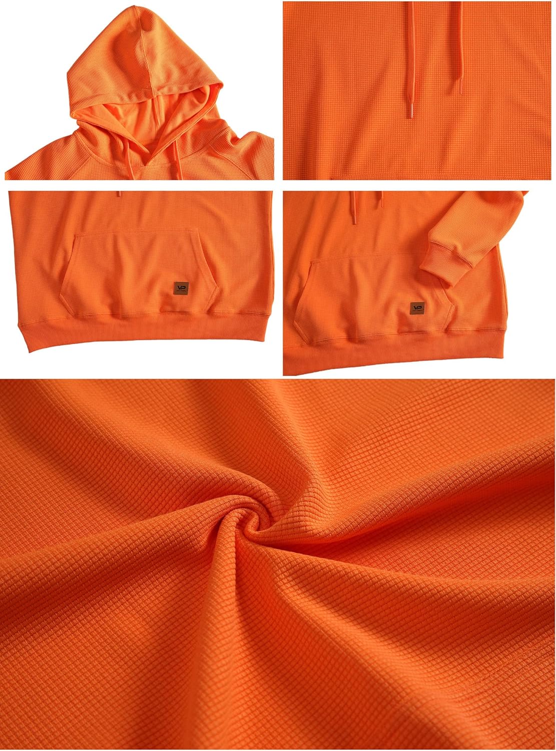 VICT POPU Hoodies For Men Pullover Long Sleeve hooded Plaid Jacquard With Big Pockets Solid Color Sweatshirt XX-Large Orange