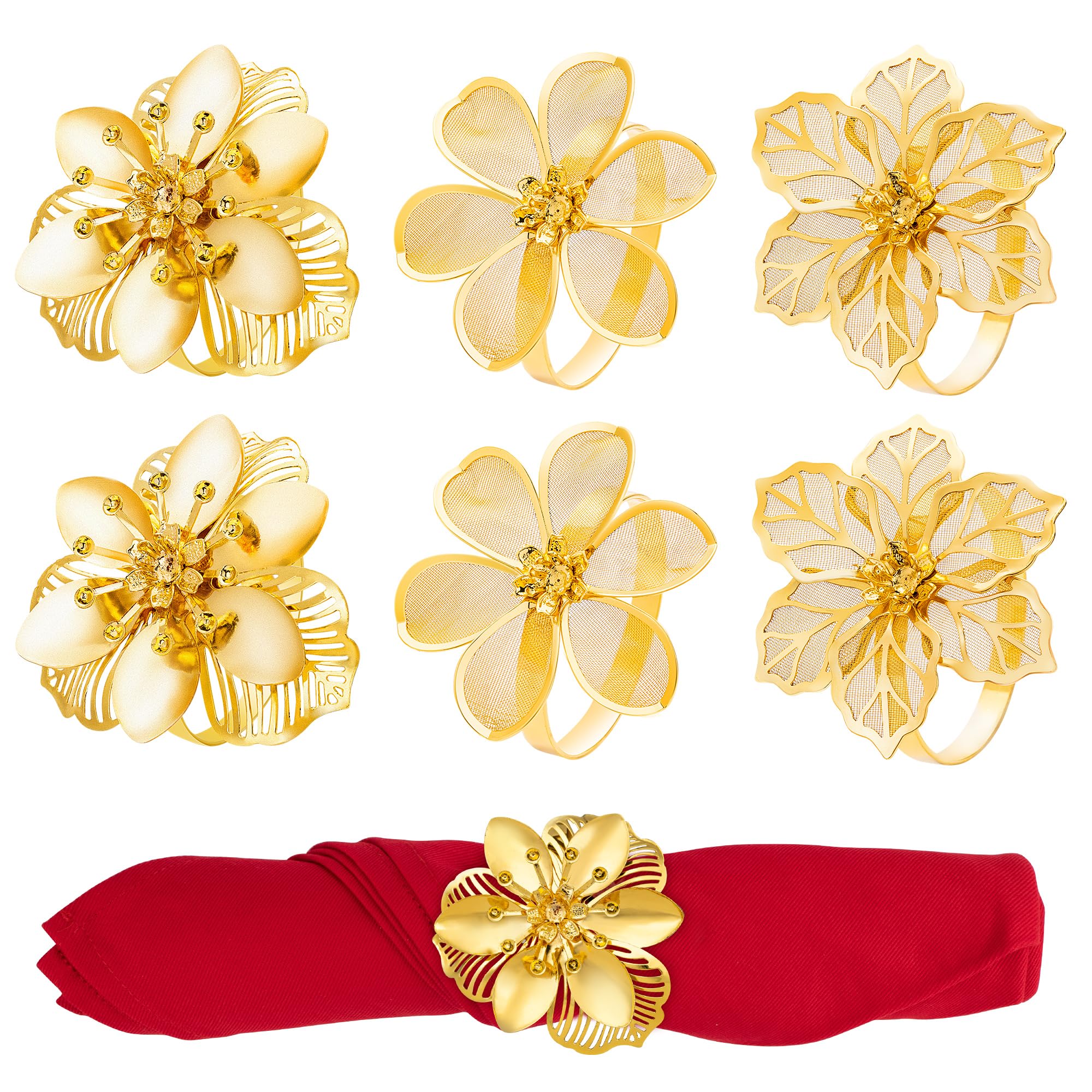 Homotte Gold Flower Napkin Rings Set of 6, Christmas Napkin Rings for Thanksgiving Table Decorations Christmas Banquet