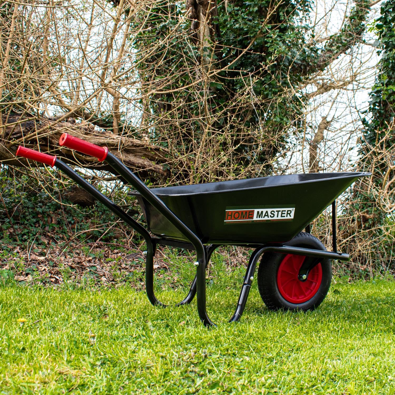 Carretilla de jardín Home Master® de Alta Resistencia | Neumáticos | Carro de Transporte Robusto y Espacioso | 90 L | Carga máxima: 120 kg | Acero con Recubrimiento en Polvo (Acero aleado Negro)