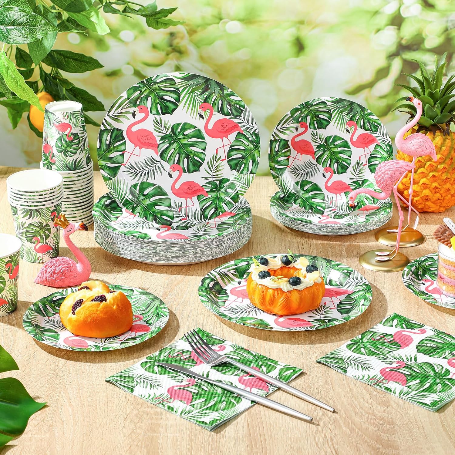 200 Pcs Tropical Flamingo Hawaiian Aloha Party Supplies Serve 50 Guests Luau Paper Plates Cups Napkins for Summer Beach Tableware Pool Party - Image 3