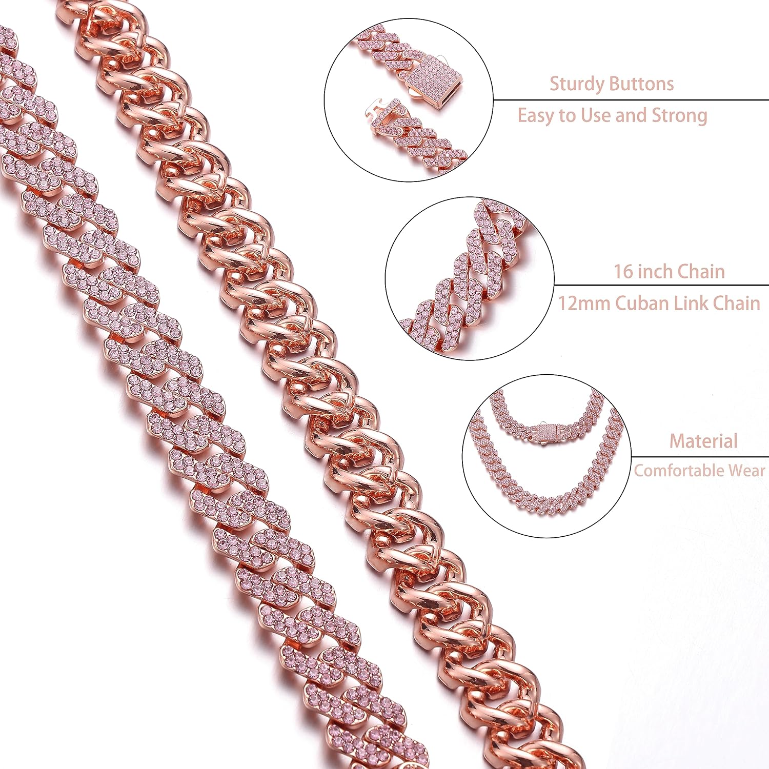 HIPBLING Women Cuban Link Chain Choker Necklace Pink Rhinestones Miami Cuban Necklace 12mm 16 inch Iced Out Chain Bling Hip Hop Jewelry for Womens Gift - Image 4
