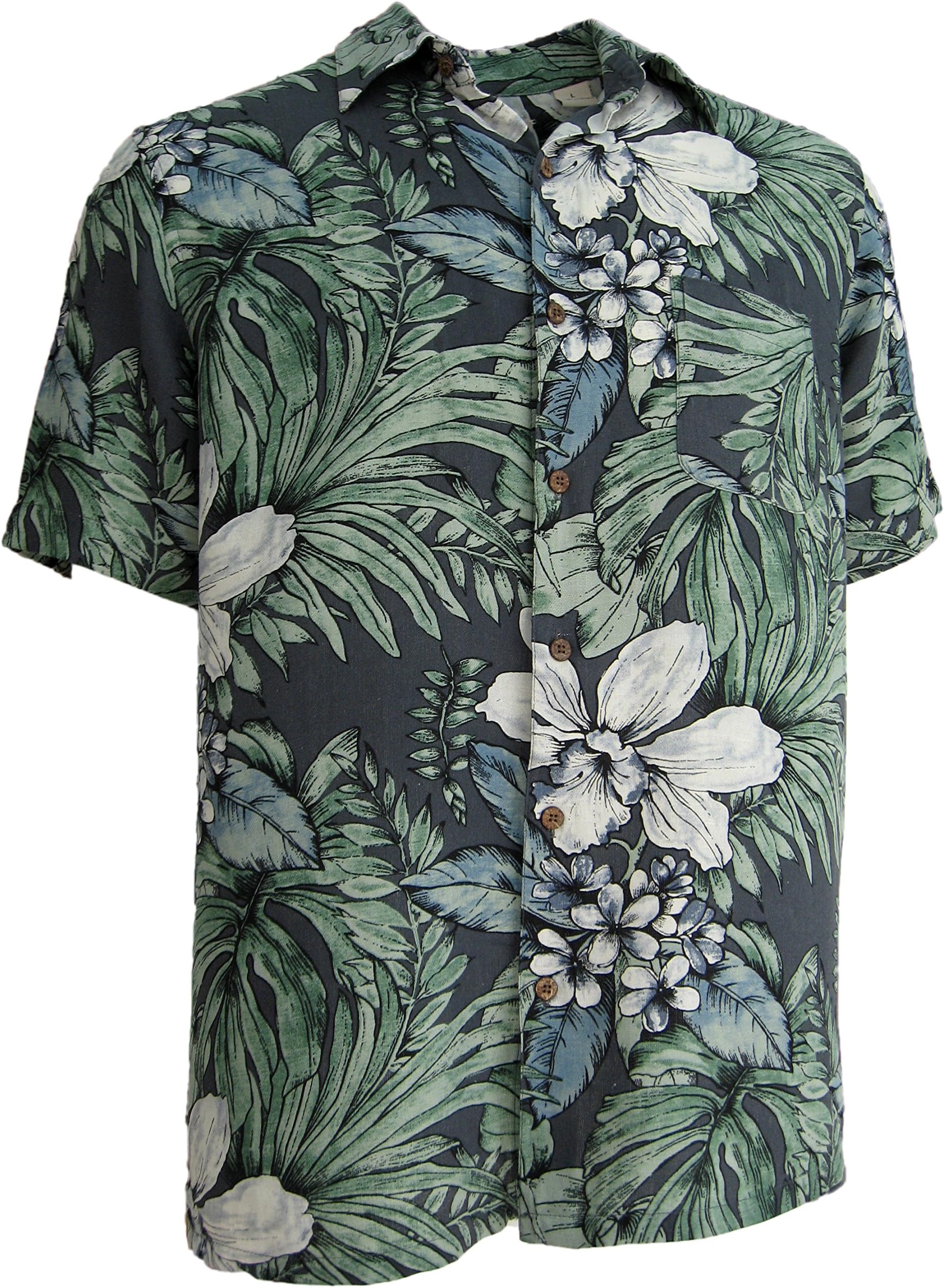 Mens Silk Linen Blend Hawaiian Camp Shirt Grey Floral Casual (Large)