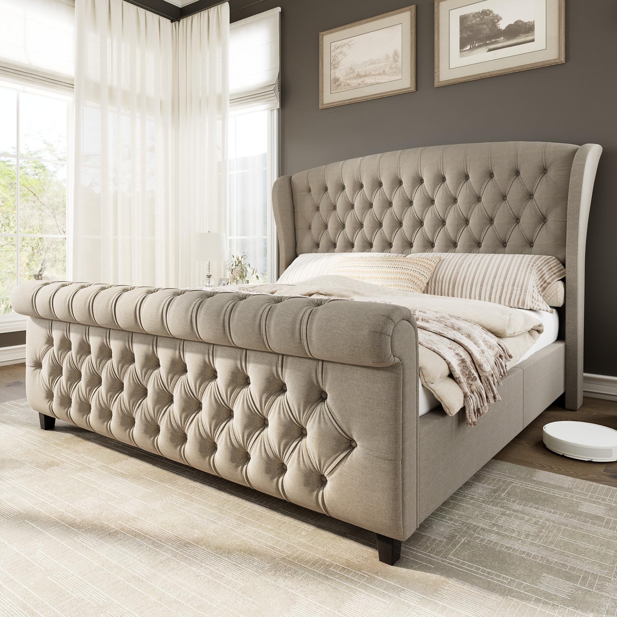 AMERLIFE King Size Upholstered Sleigh Platform Bed Frame with Headboard
