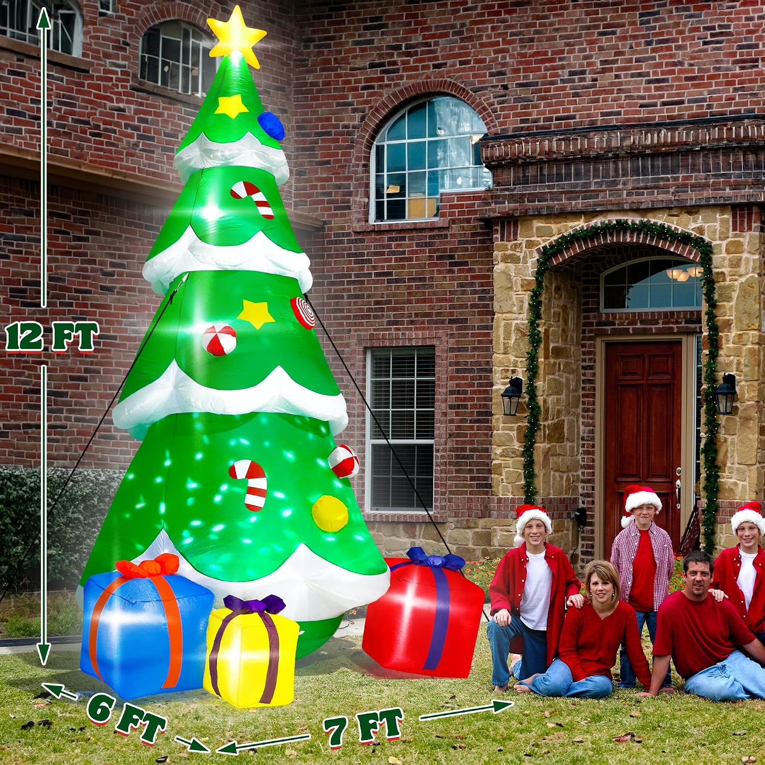12FT Christmas Tree Inflatable, Giant Blow Up Tree With Boxes, Lighted Up With Rotating Snowflake Lamp, Colorful Yard Decoration for Xmas Lawn