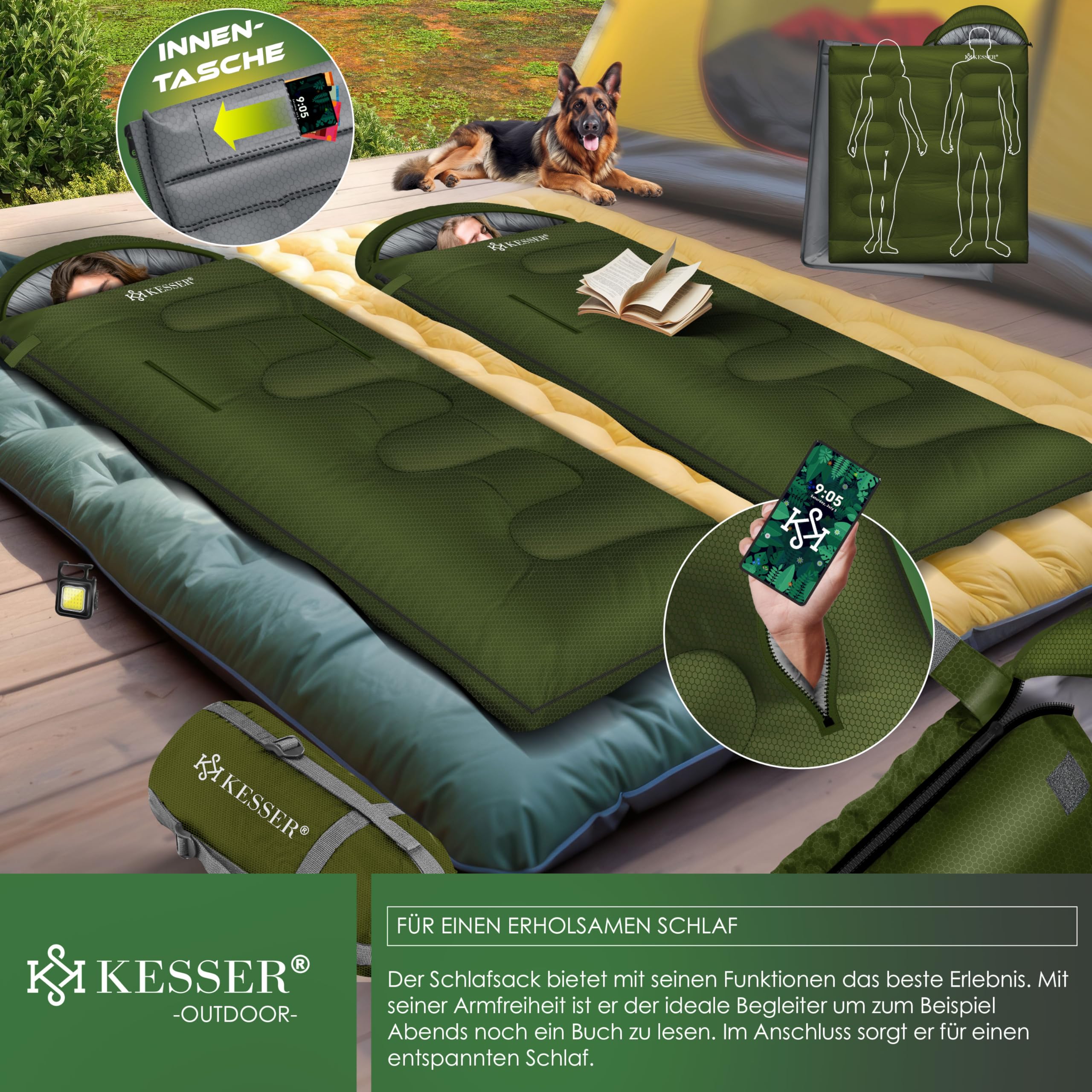 KESSER Schlafsack Outdoor 3-4 Jahreszeiten  Warmer Deckenschlafsack Mit  Kompressionssack & Lampe