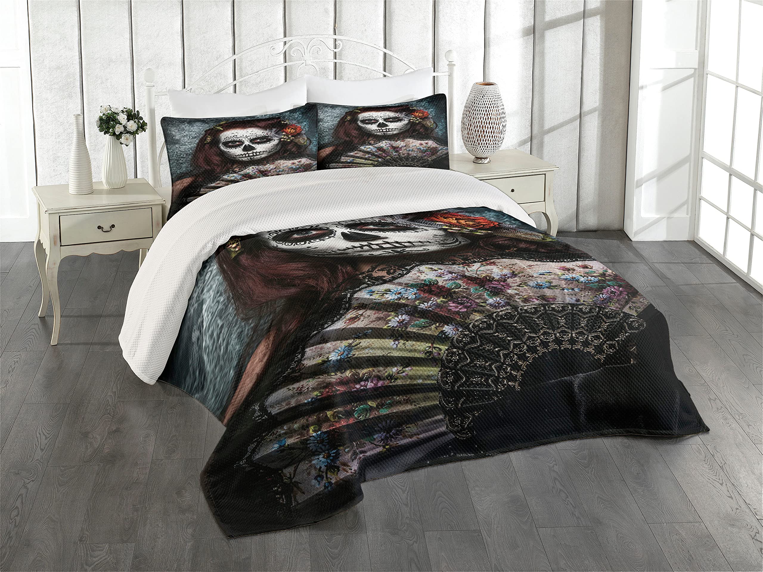 Ambesonne Day of The Dead Coverlet, Make up Artist Girl Skull Scary Roses Artwork Print, 3 Piece Decorative Quilted Bedspread Set with 2 Pillow Shams, King Size, Cadet Blue Maroon