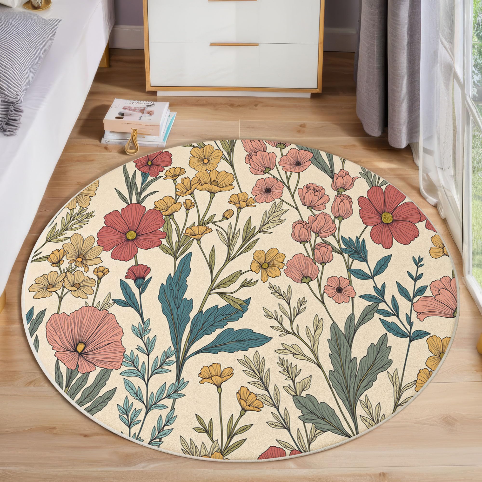 Tapis rond pour enfants crème 100cm, tapis de sol salon doux et lavable