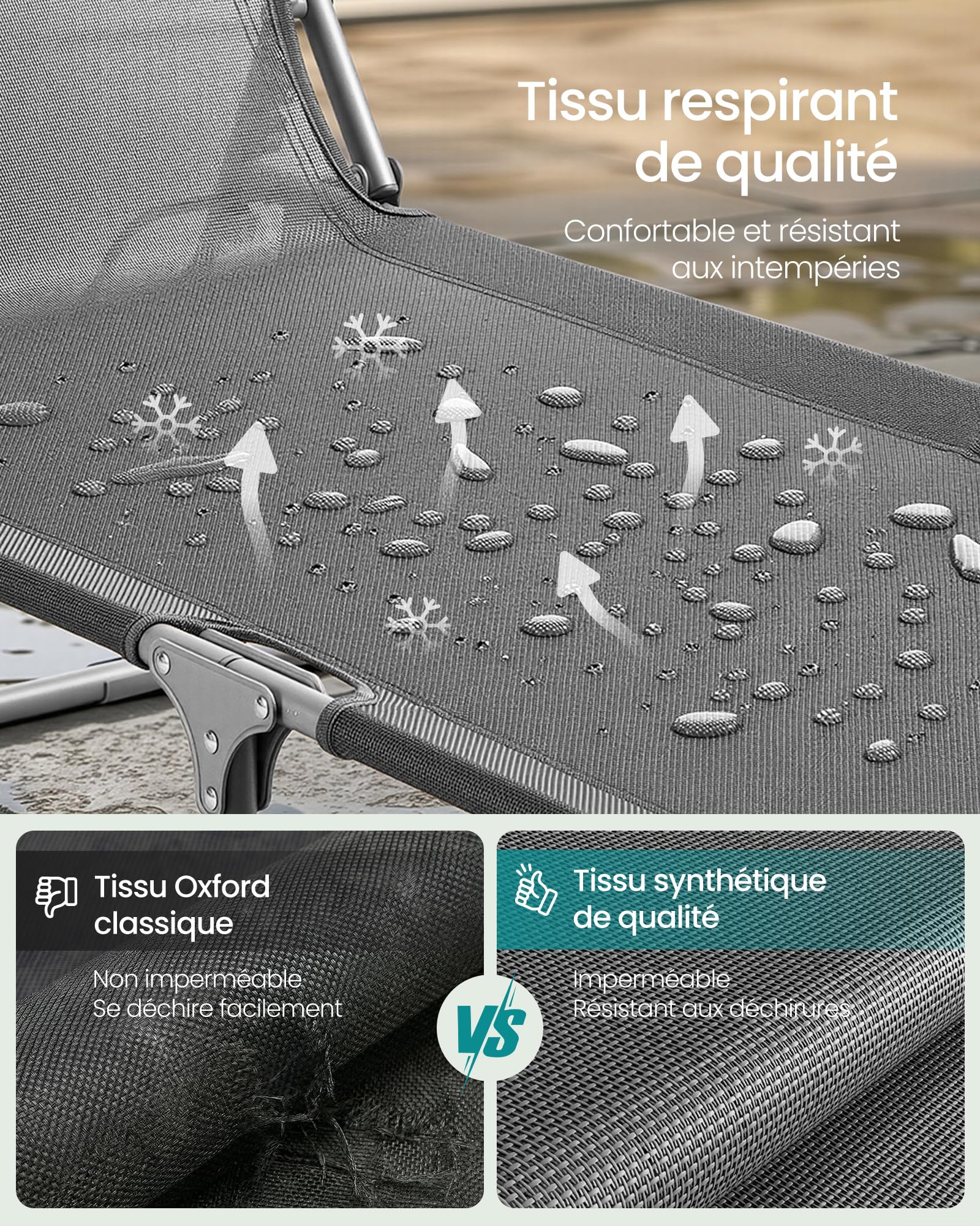 SONGMICS Chaise Longue Pliante, 189 x 53 x 28,5 cm, Transat Jardin Extérieur, Supporte 110 kg, Pare-Soleil et Dossier Réglables, pour Terrasse, Balcon, Gris GCB194GZ02