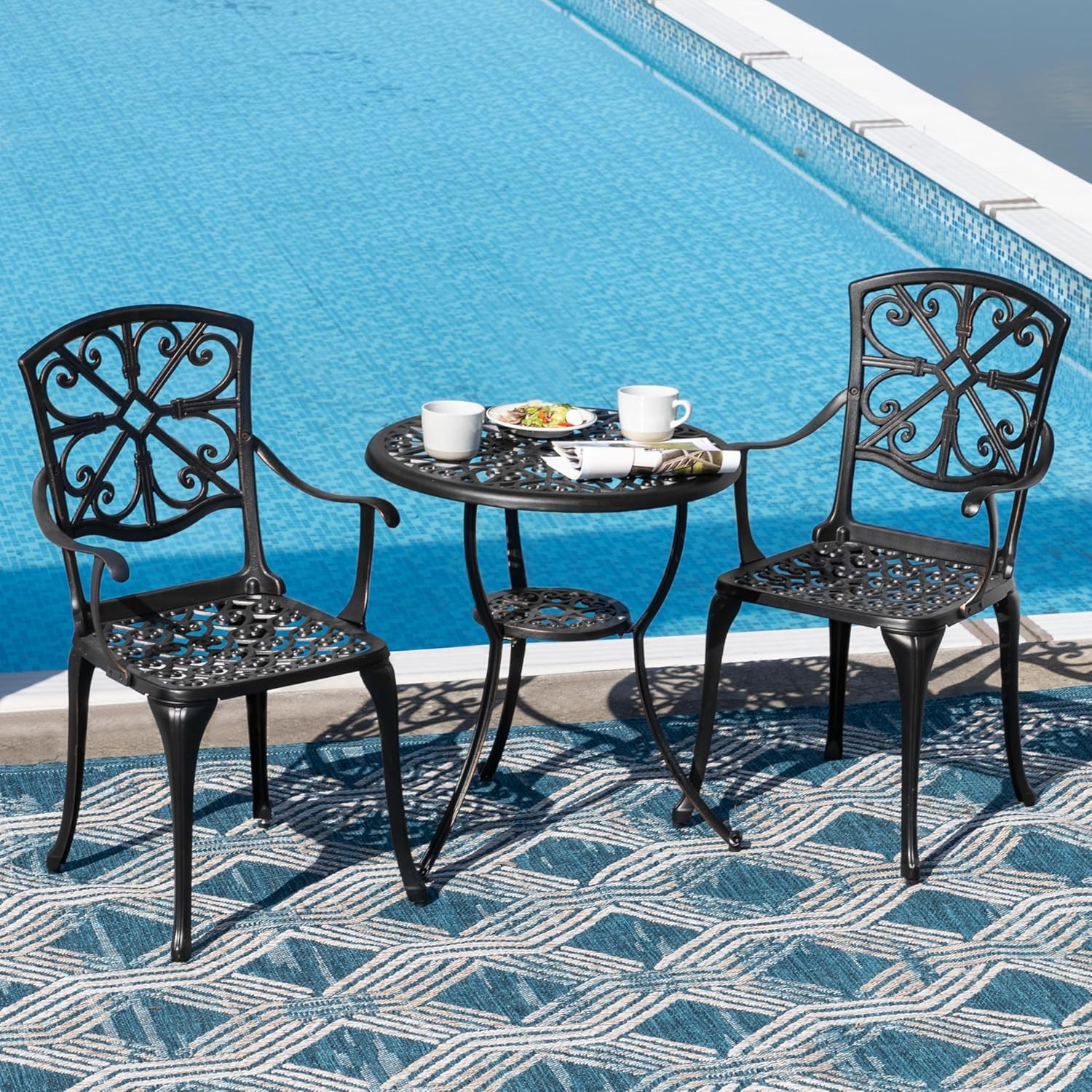NUU GARDEN Bistro Set 3 Piece Outdoor All Weather Cast Aluminum Patio Bistro Set Patio Table and Chairs Set of 2 with Umbrella Hole for Backyard, Balcony, Front Porch, Lawn, Pool, Black