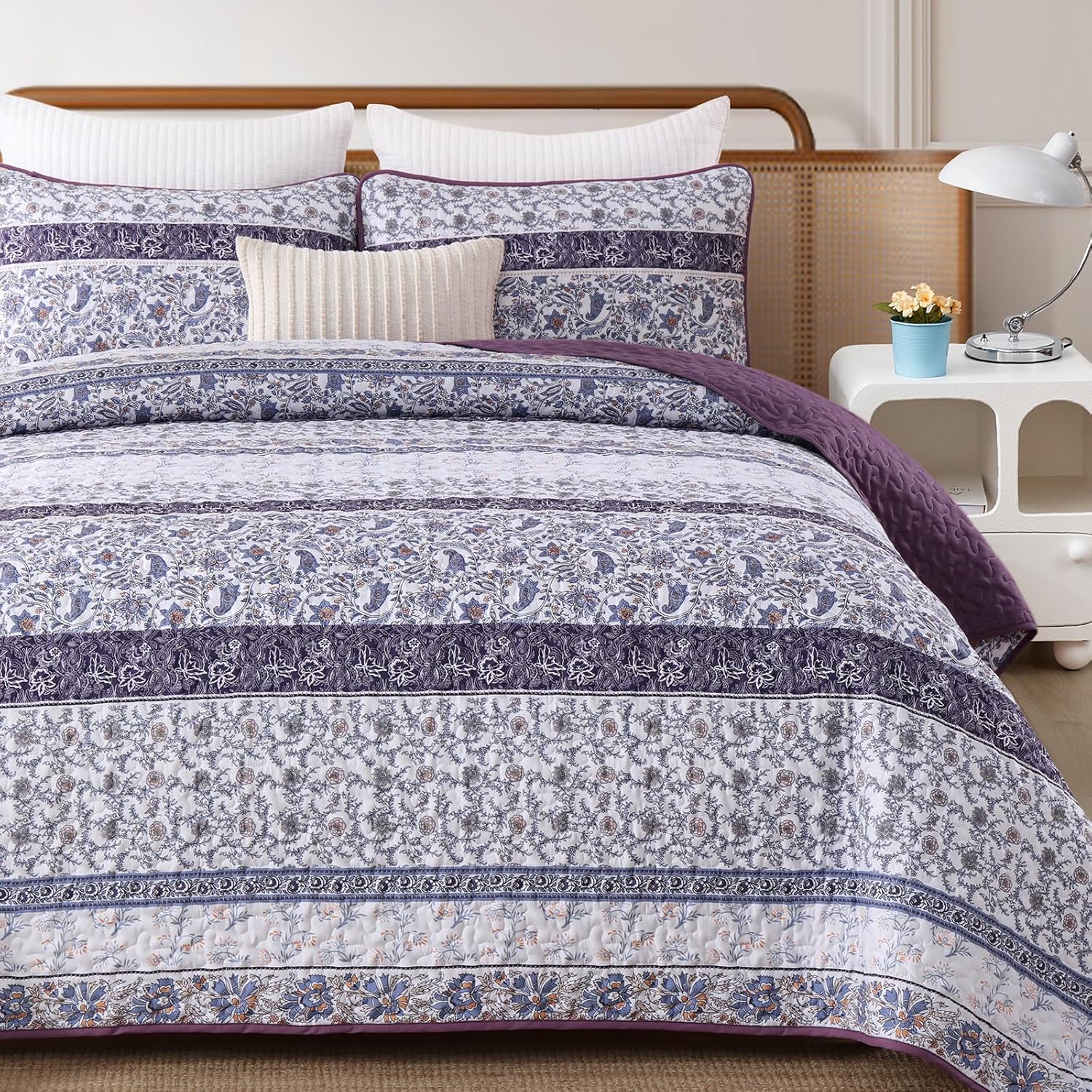 Menghomeus Purple Stripe Paisley Quilt Set King Boho Striped Bedspread Coverlet Set 3 Pieces Lightweight Microfiber Bedding Set with 2 Pillow Shams (King Size, 104"x90")