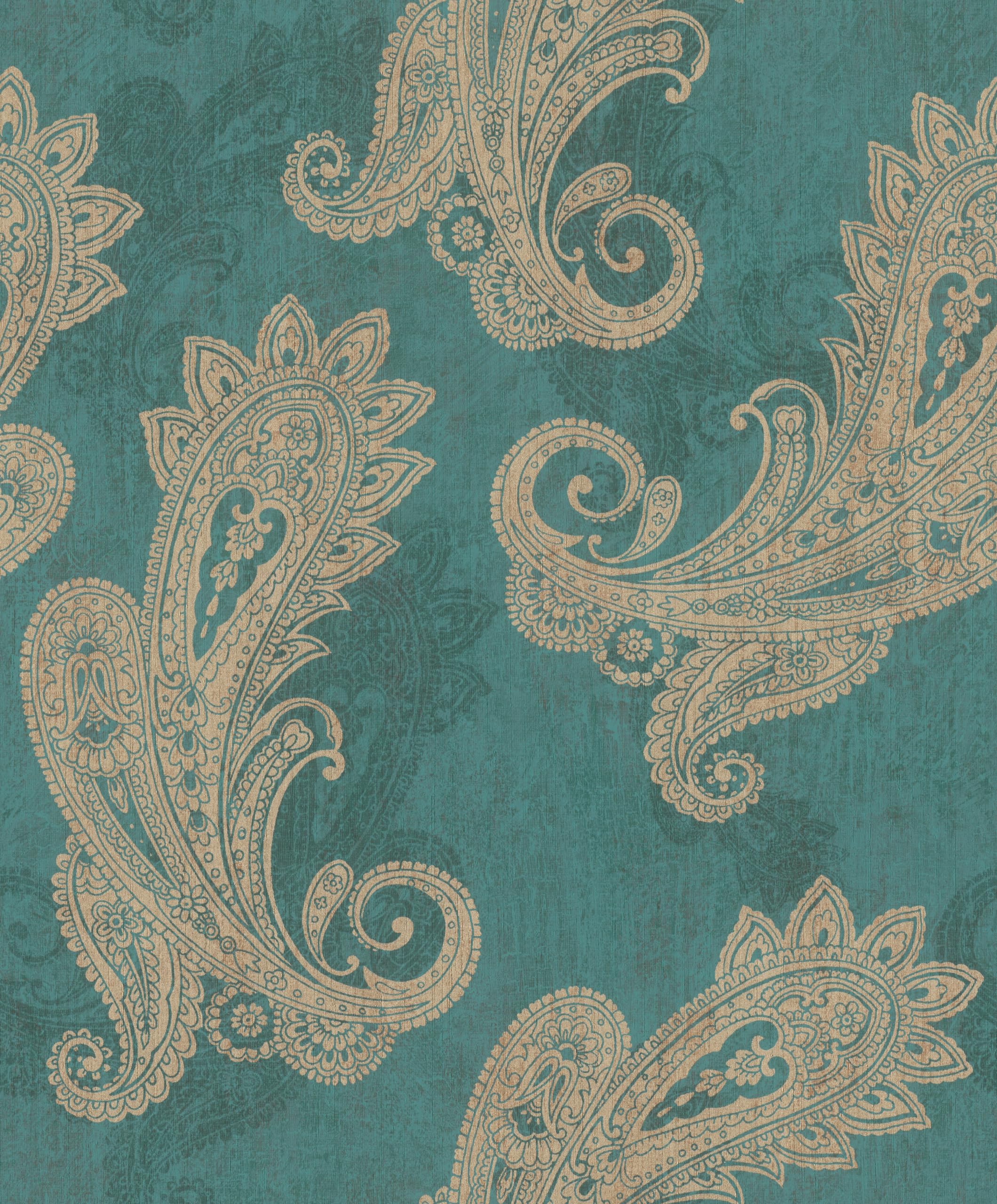 Papier peint intissé bleu pétrole et doré motif cachemire floral Rasch 746457