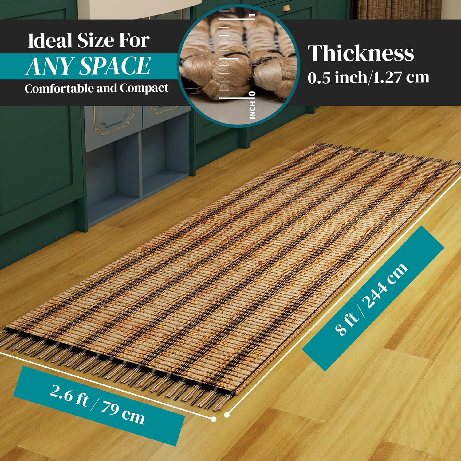 Eco Crave Jute Runner Rug 2.6x8 ft – Handwoven Boho 100% Natural Jute Striped Runner, Indoor High-Traffic Hallway/Entryway Accent Rug, Non-Slip, Eco-Friendly for Kitchen, Living Room, Bedroom