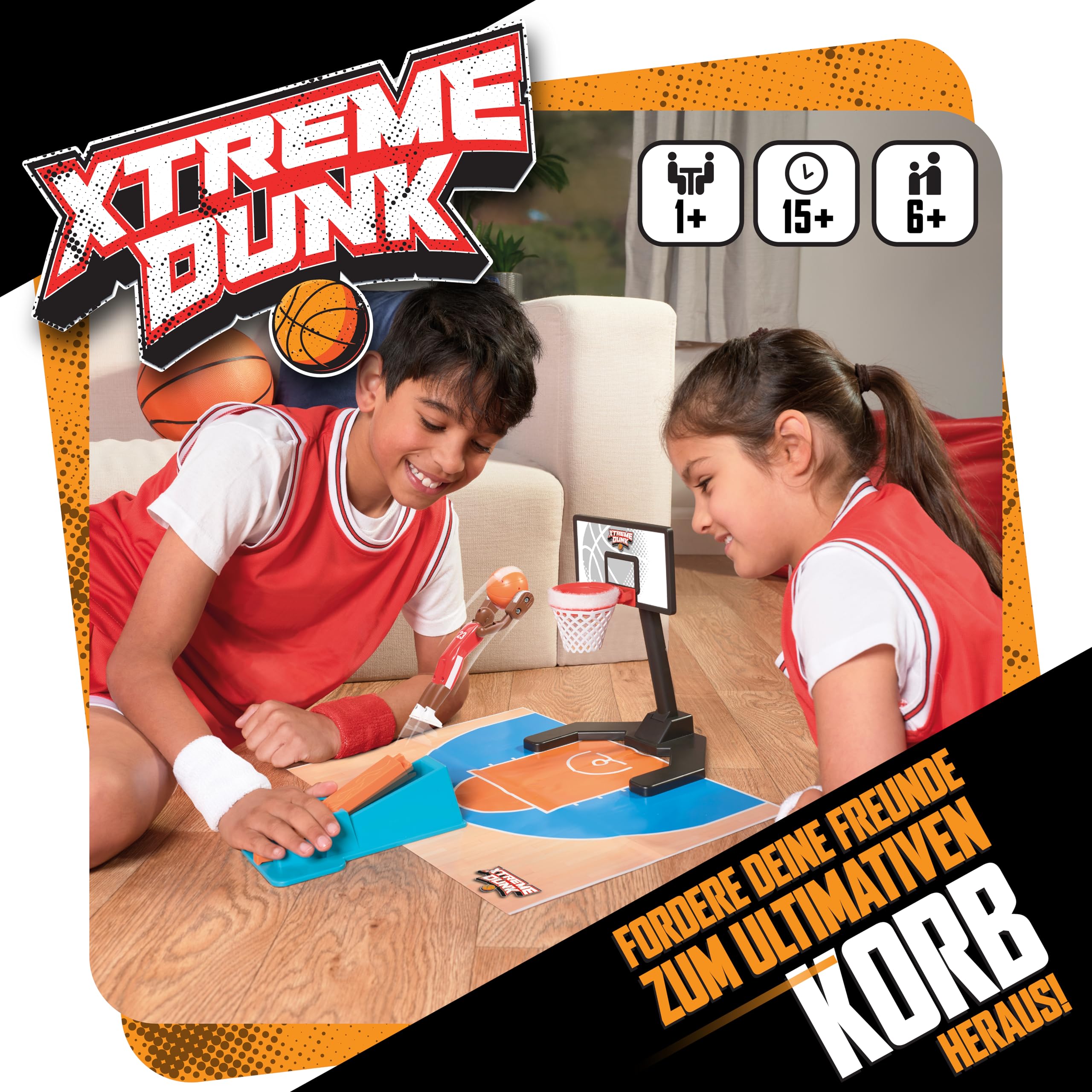 TOMY Xtreme Dunk Basketballspiel, actionreiches Spielzeug für Kinder, mit Abschussrampe und Trickwurf-Funktion, Slam Dunks und Alley-Oops, für 1–4 Spieler, ab 6 Jahren, ohne Batterien
