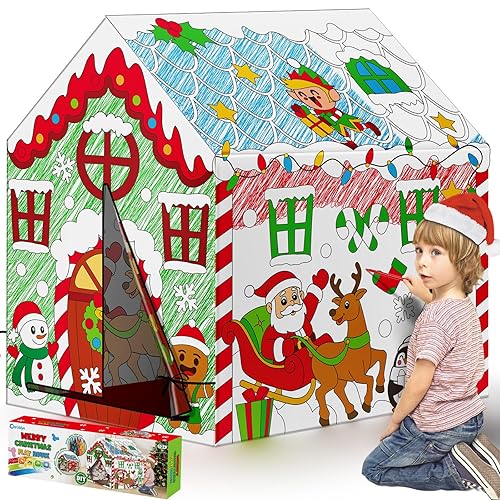 Cinrobiye Christmas Playhouse Color Tent Huge Gingerbread House DIY Coloring in Playhouse Large Art Craft Activity Play Tent Fort Indoor Outdoor for Families Decoration Gift 36" X 27" X 40"