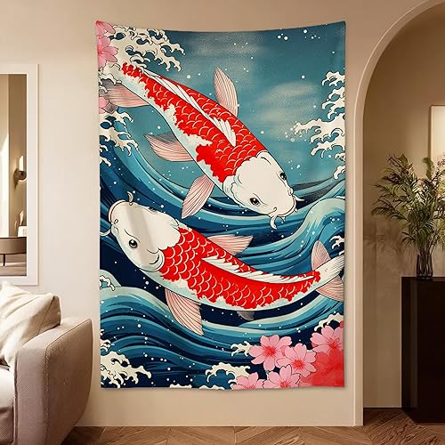 QEOPGNE Tapiz de pared grande con diseño de pez Koi, diseño de flores de cerezo japonés, gran ondas, retro, grande, decoración de pared para