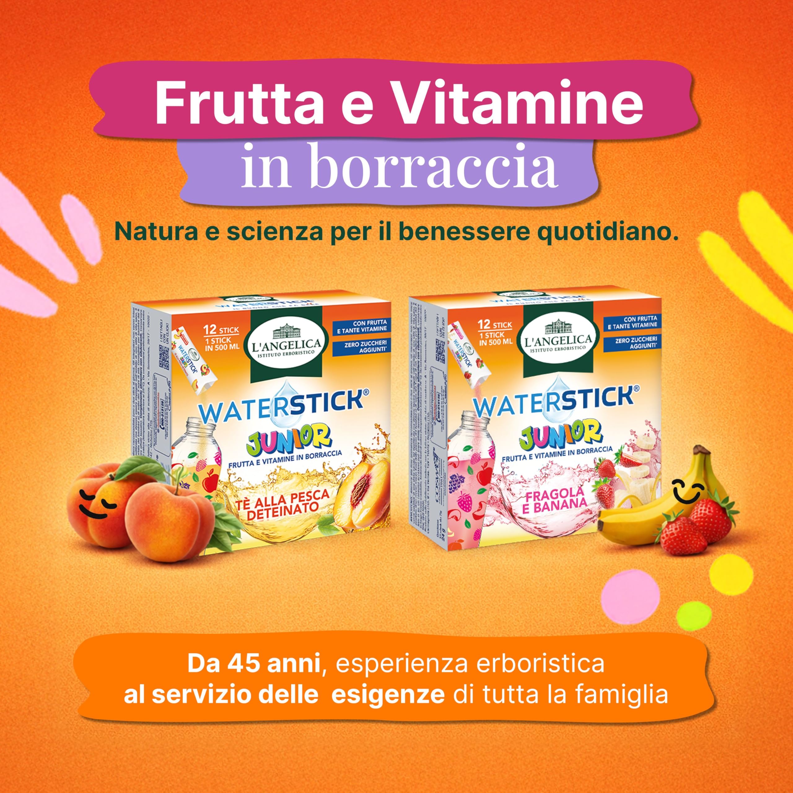 L'Angelica, Waterstick Junior, Gusto Tè alla Pesca Deteinato, Con Frutta, Vitamine, Zero Zuccheri Aggiunti, 6 Astucci da 12 Stick