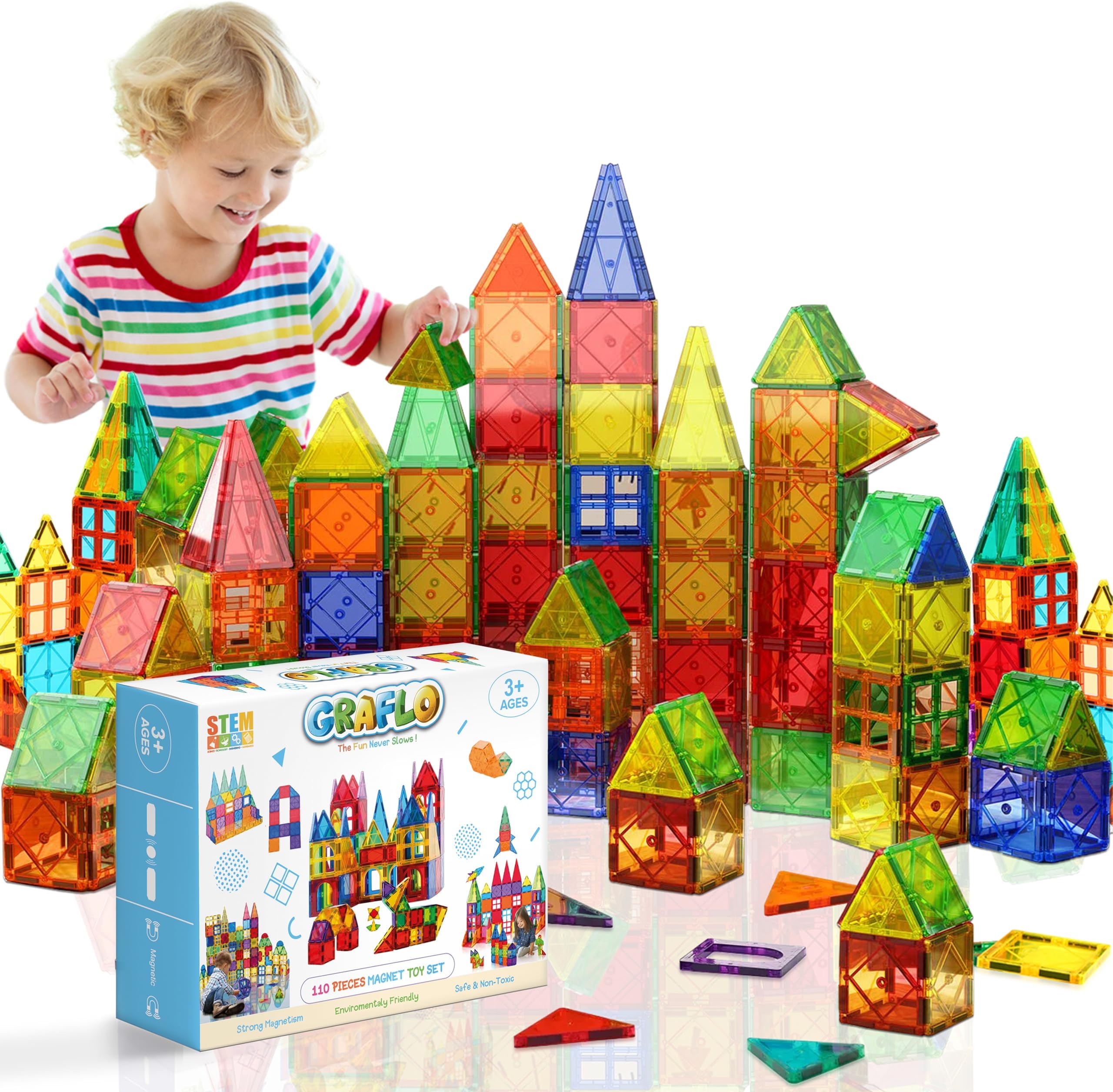GRAFLO Magnetic Tiles 110 Pcs Building & Construction Set Vibrant 3D Building Toys - Magnetic Tiles for Kids - STEM Toy - Magnet Puzzles Stacking Blocks for Boys Girls - 3+ Years Toys