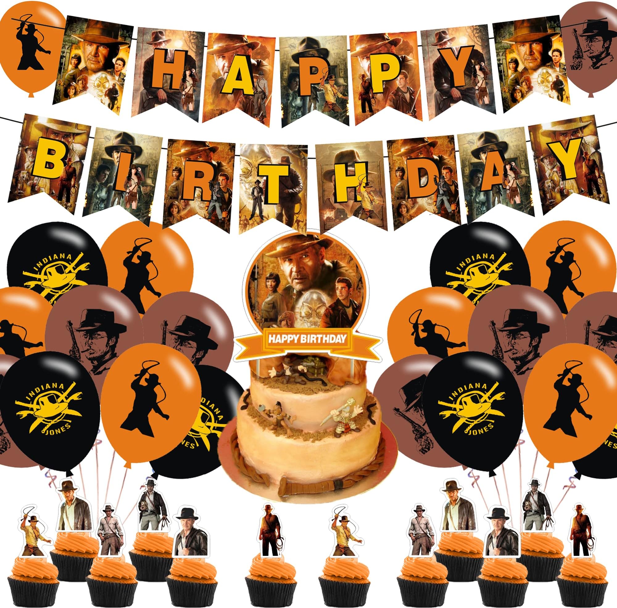 Indiana Jones Raiders of The Lost Ark Party Decorations,Birthday Party Supplies For Indiana Jones Party Supplies Includes Banner - Cake Topper - 12 Cupcake Toppers - 18 Balloons