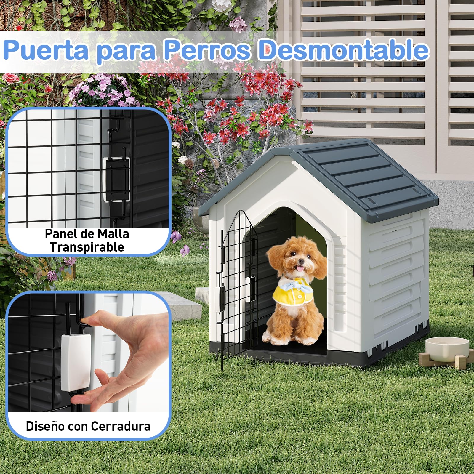 GOPLUS Caseta de Perro de Plástico, Casa para Perros con Puerta de Malla Bloqueable y Piso Elevado, Ventilación, Techo Inclinado, Perrera para Interior y Exterior para Mascotas (Gris)
