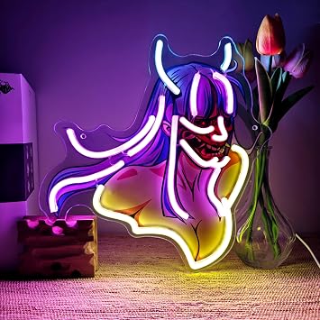 Oni Mask Anime Girl Neon Sign - UV Printed Cyberpunk LED Neon Light with Dimmer, Japanese Hannya Aesthetic Wall Decor for Gaming Room, Bedroom, Otaku Studio, USB Powered 12.2" x 12.7", No Adapter