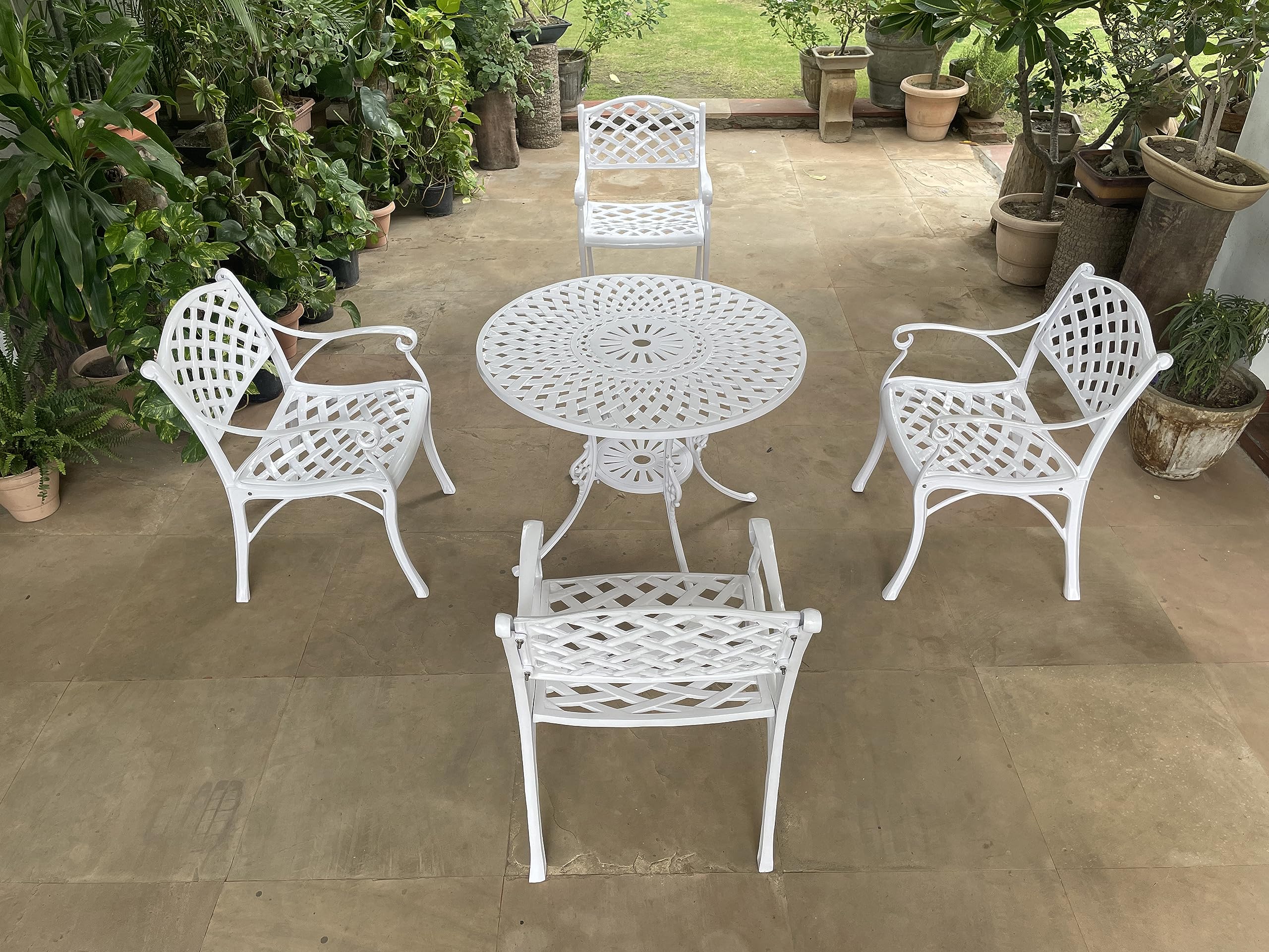 Art & Abode Imperial Series Cast Aluminium Furniture Set Includes 1 Round Table & 4 Chairs with Armrests for Garden, Balcony, Patio, Rooftop & Dining | Durable Cast Aluminium Patio Furniture (White)-image-37